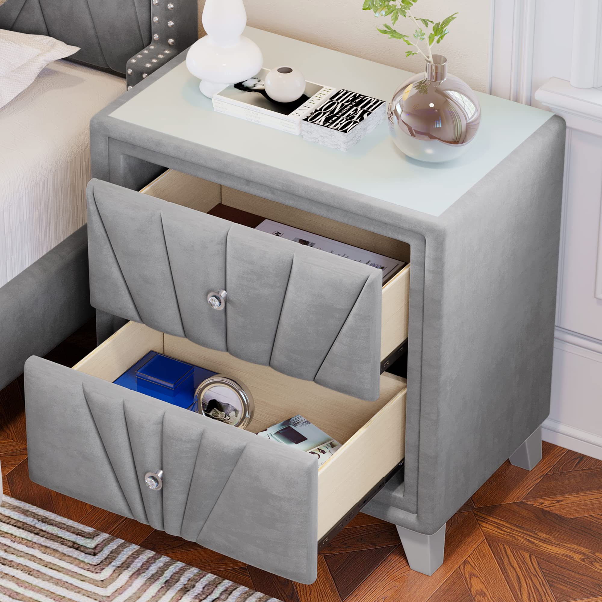 Modern 3-Piece Full Bedroom Set - Velvet Upholstered Bed Frame with 2 Nightstands, Contemporary Gray Bedroom Furniture for Master & Guest Rooms | Perfect for Small Spaces & Cozy Home Decor