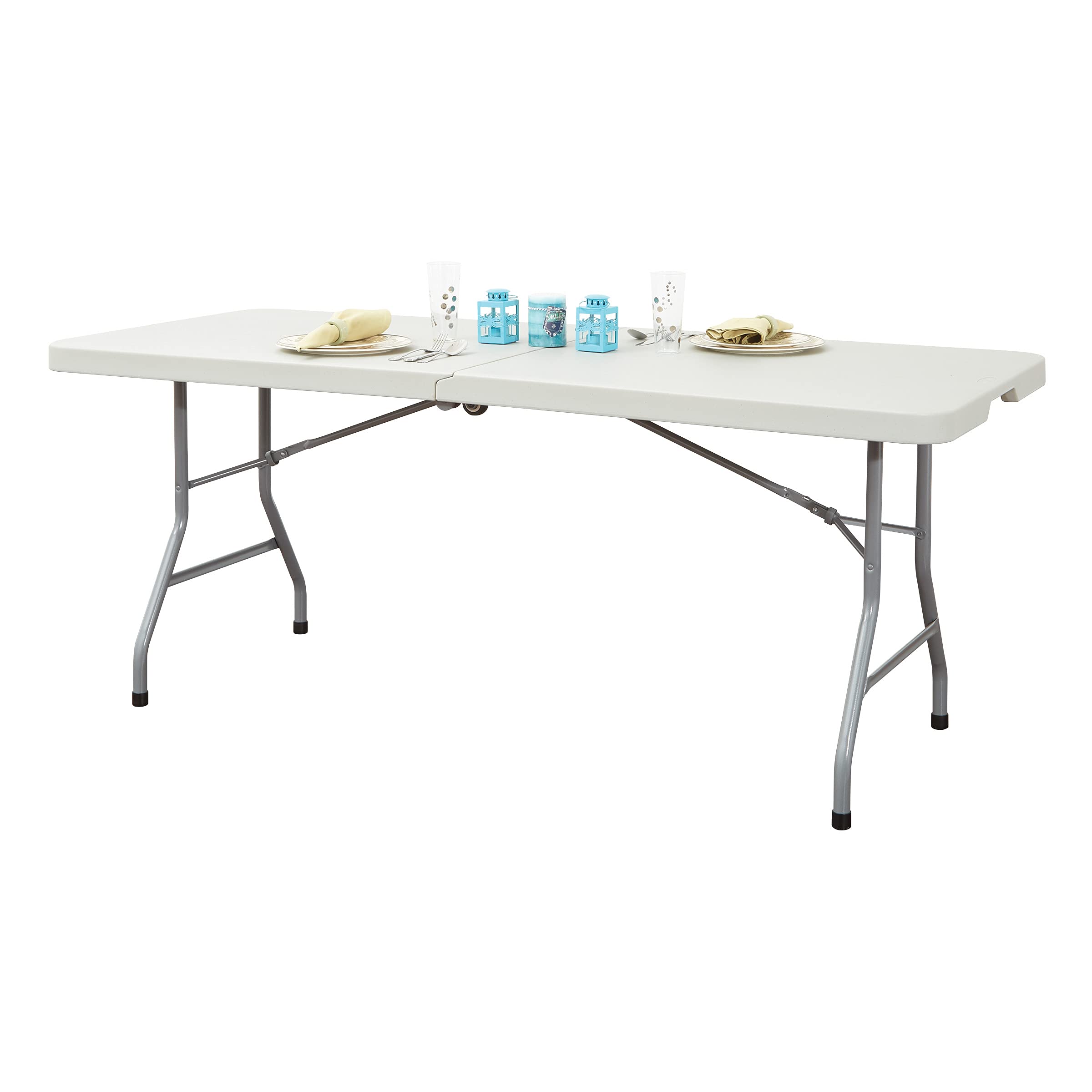 Office Star 6-Ft Resin Folding Table with Wheels - Light Gray Rectangle Multipurpose Table for Office, Events, and Home Use