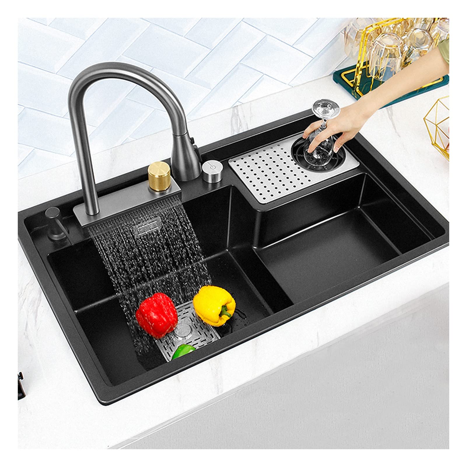 Stainless Steel Farmhouse Kitchen Sink with Raindance Falls - Drop-in or Undermount Workstation Sink Kit for Modern Farmhouse & Rustic Kitchens | Perfect for Food Prep, Washing Dishes & Entertaining
