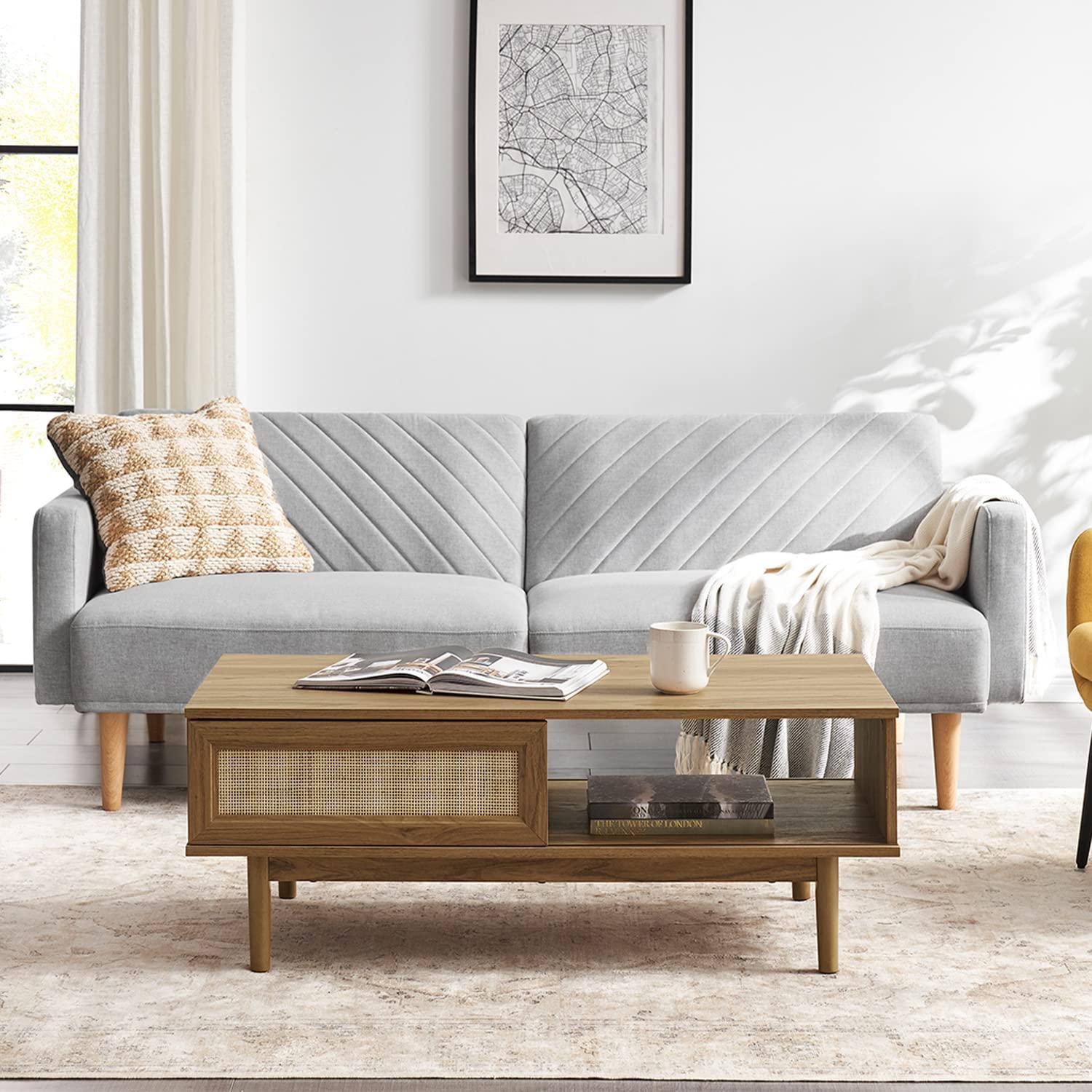 Haylee Coffee Table - Modern Boho Farmhouse Style Natural Rattan Living Room Table with Storage Shelf, Small Center Table for Living Room, Bedroom, or Office (Oak Finish) - Perfect for Coffee, Books, and Decor Display