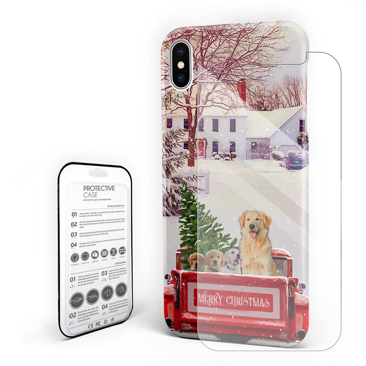**iPhone Xs Max Case - Christmas Red Truck & Golden Retriever Design | Hard PC Slim Shockproof Protective Cover with Screen Protector | Perfect for Holiday Gifts & Everyday Protection**