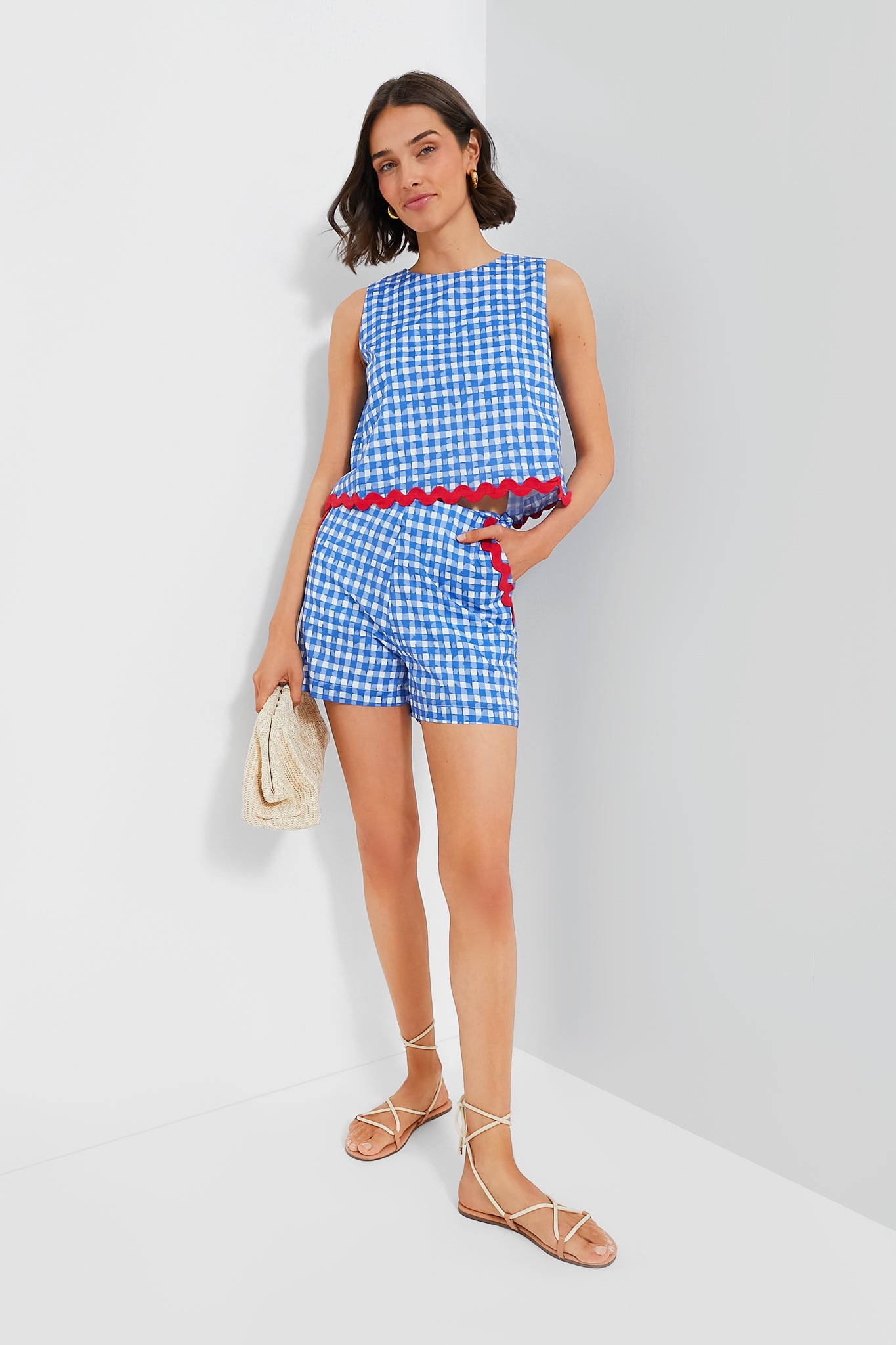 Blue Gingham Sleeveless Short Set for Women - Summer Casual Outfit, Beach Vacation, Lounge Wear