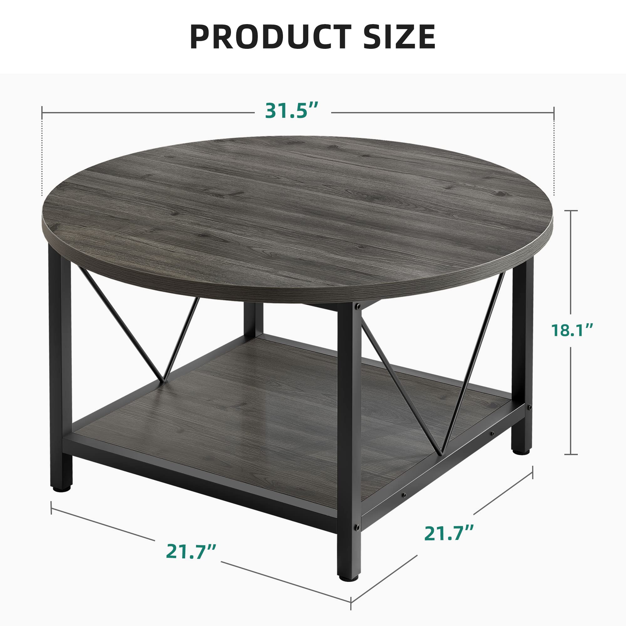 YITAHOME Round Coffee Table with Storage Shelf - Rustic Wood Modern Farmhouse Center Table with Sturdy Metal Legs for Living Room, Grey | Perfect for Small Spaces, Coffee Time & Family Gatherings