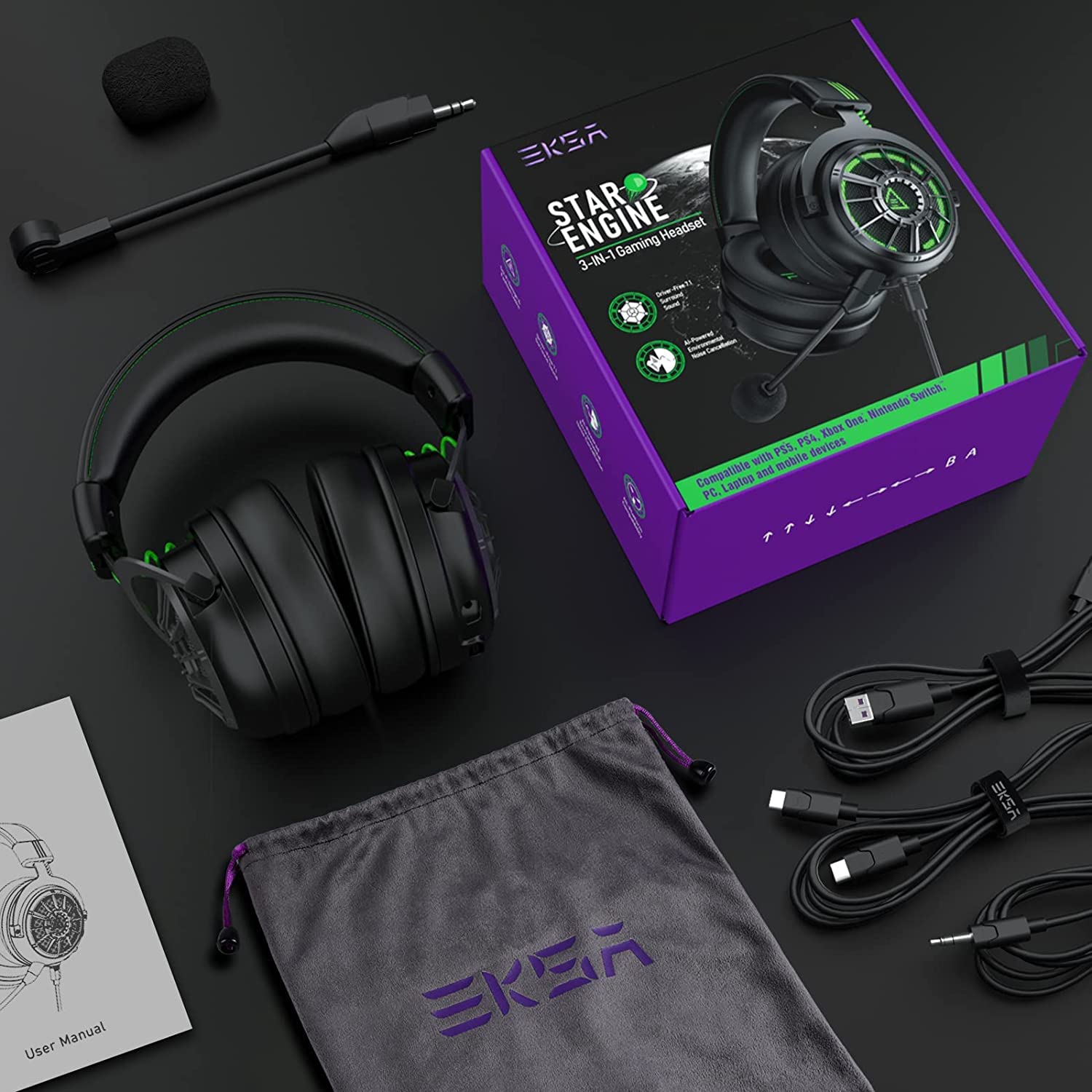 EKSA StarEngine Pro USB Gaming Headset - 7.1 Surround Sound Wired Headphones for PC, PS4, PS5, Xbox One | Over-Ear Noise Cancelling Mic with Dual Chamber Drivers | Game & Music Modes | LED Lights - Perfect for FPS Gaming, Streaming & Online Meetings