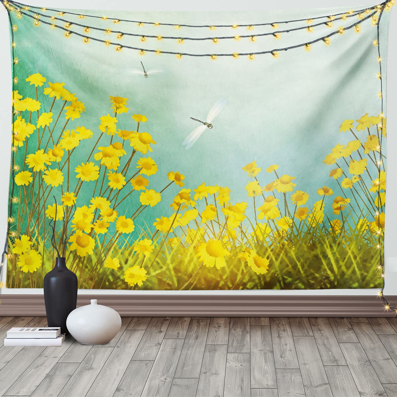 Ambesonne Dragonfly Tapestry Wall Hanging - 80x60 Inch Floral Landscape with Daisies & Dragonflies, Green Yellow Bohemian Decor for Bedroom, Living Room, Dorm | Perfect for Boho Home Decor, Meditation Spaces & Photo Backdrops