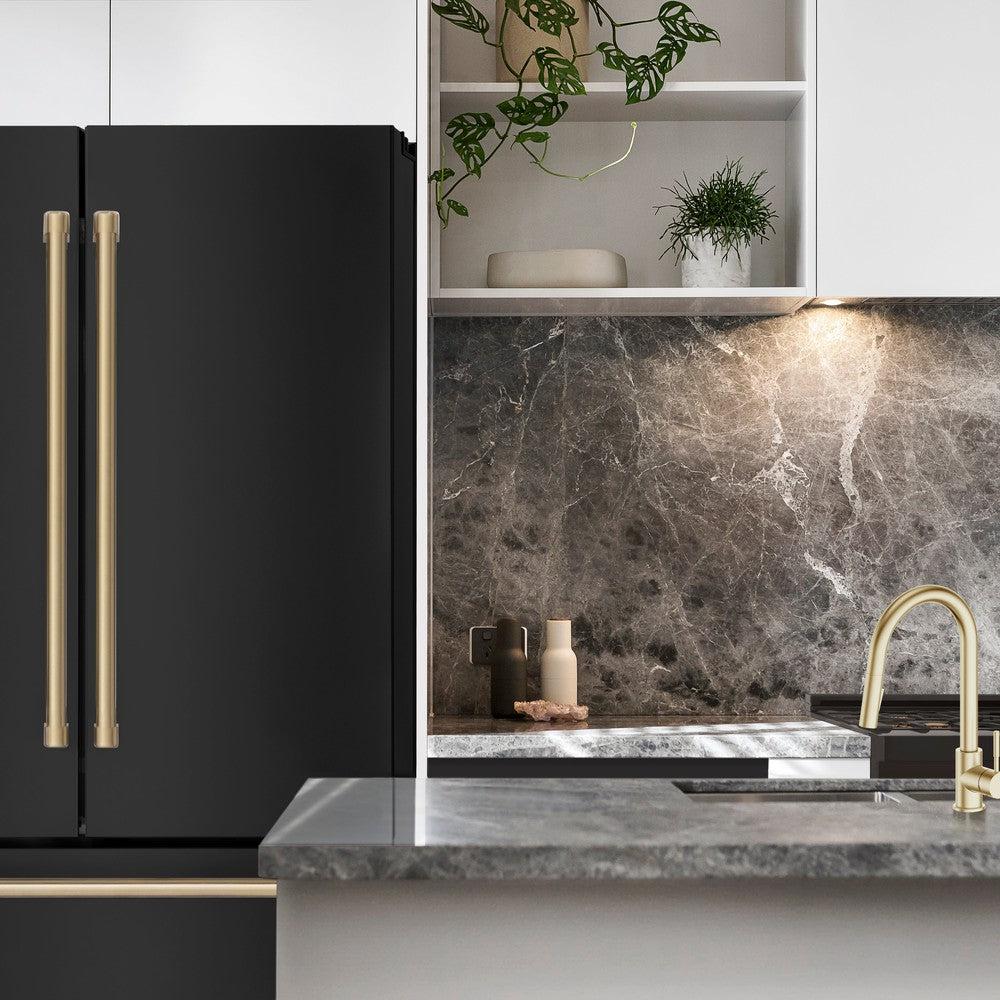 ZLINE Autograph Edition 36 Inch Counter Depth French Door Refrigerator - 22.5 cu.ft Capacity with Ice Maker, Fingerprint Resistant Black Stainless Steel & Champagne Bronze Handles (RFMZ 36 BS CB) - Perfect for Modern Kitchens, Open Concept Homes & Gourmet Cooking Spaces