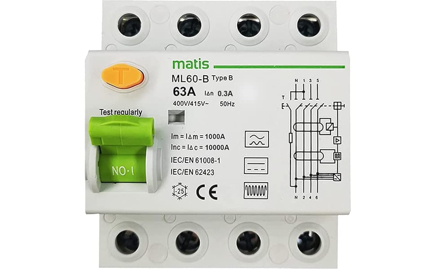 63A 300mA 4-Pole Type B Residual Current Circuit Breaker (RCCB) - FI Protection Switch for Industrial & Home Electrical Safety | Waterproof & Fireproof Design for Garage, Workshop, and Power Distribution Box