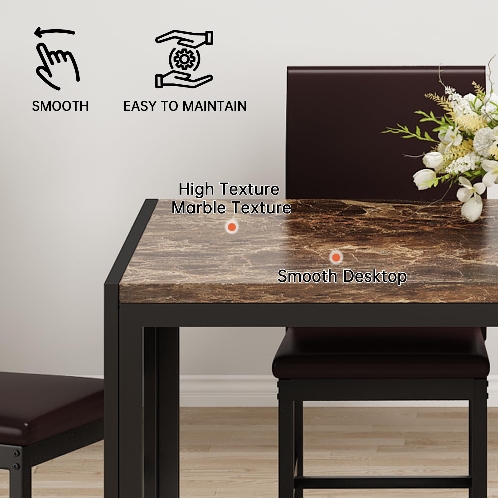 Modern 5-Piece Dining Table Set for 4 with Faux Marble Top & Leather Upholstered Chairs - Compact Brown Kitchen Table Set for Small Spaces | Perfect for Apartments, Breakfast Nooks & Cozy Family Dinners
