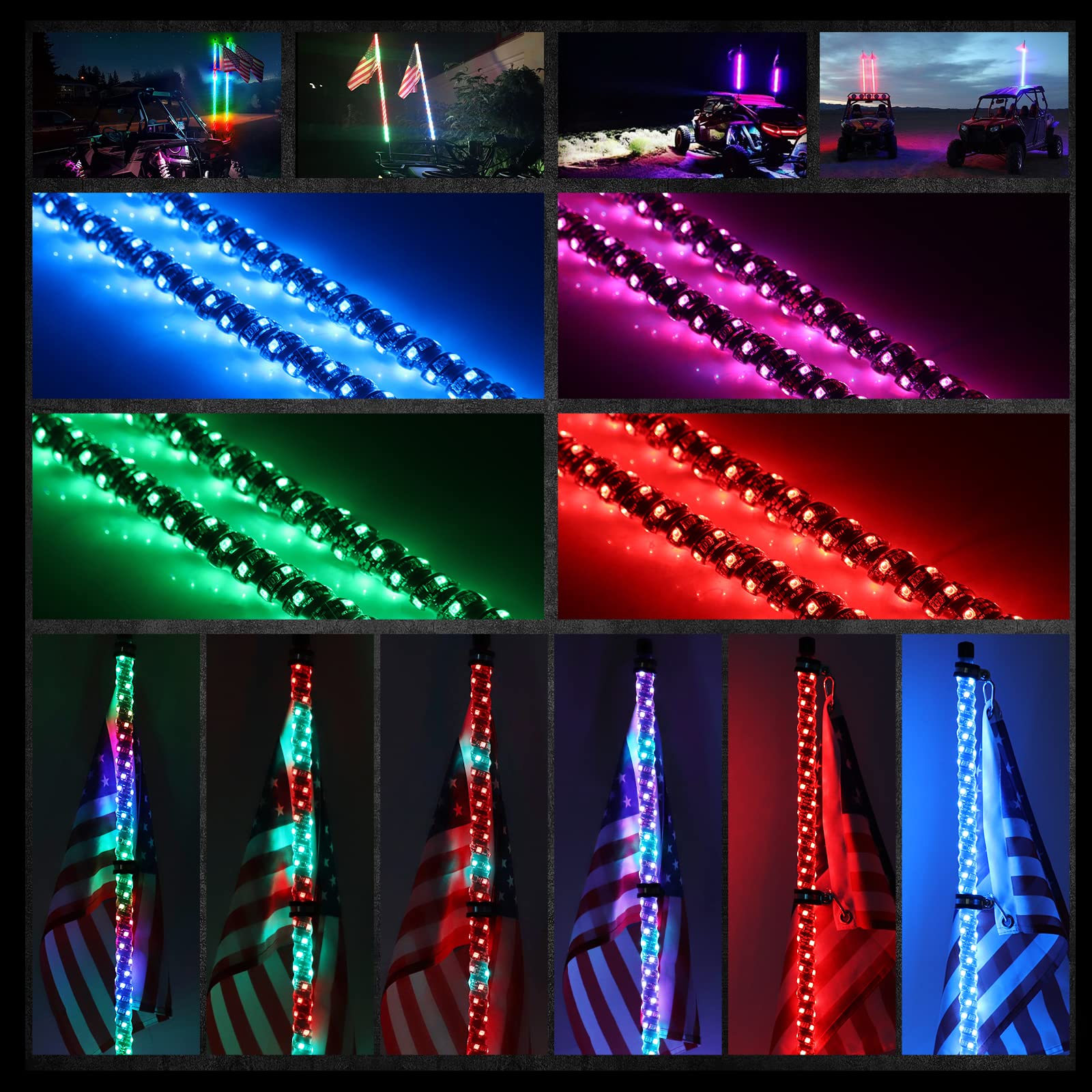 2PCS 5FT LED Whip Lights with Chasing Colors & App Control - UTV ATV Off-Road Accessories with Spring Base, Remote & Rocker Switch - Perfect for Can-Am, Polaris RZR, Dune Buggies - Ideal for Night Rides, Off-Road Adventures & Desert Racing