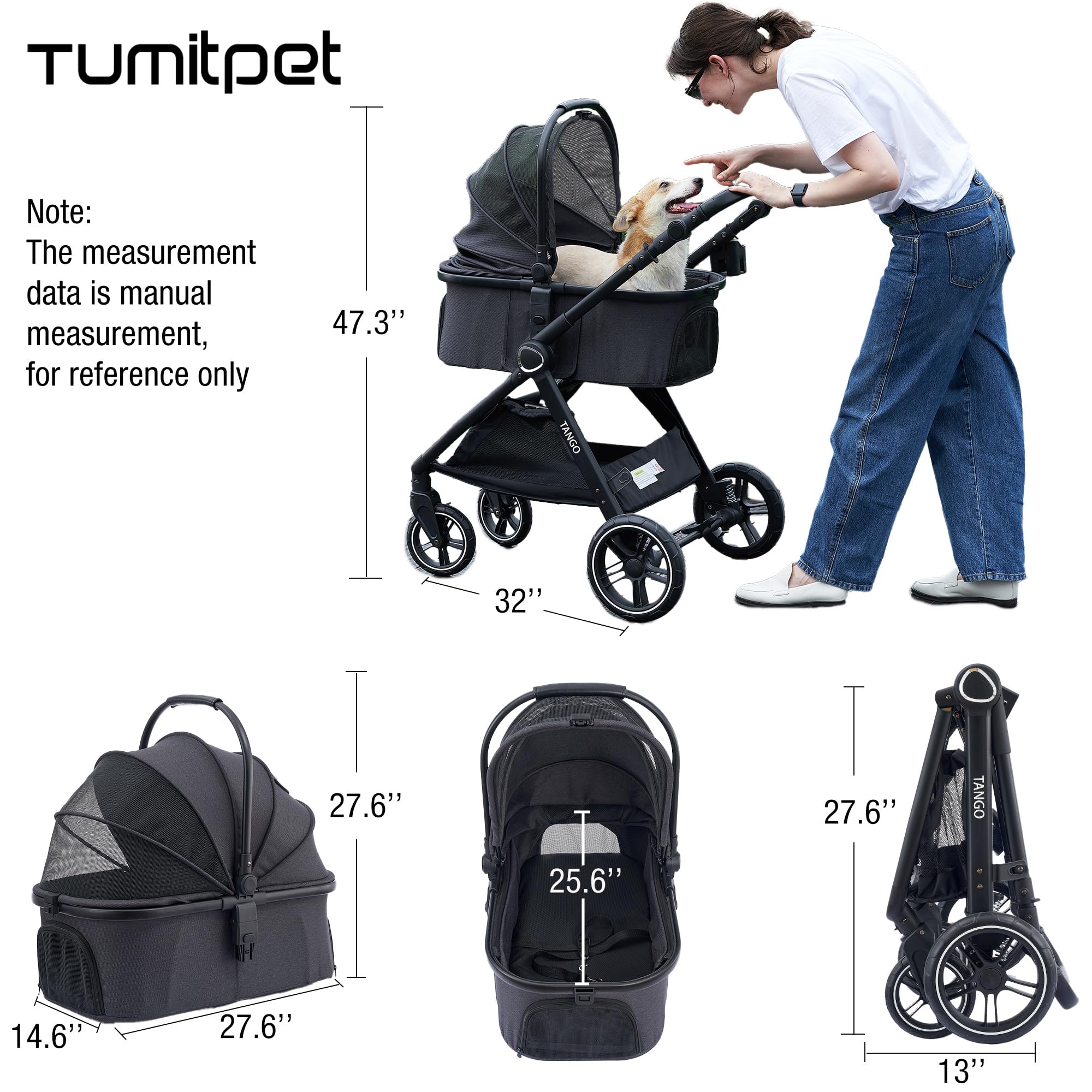Tango Pet Stroller - 3-in-1 Folding Dog & Cat Carrier for Small to Medium Pets | Removable Travel Stroller for Dogs & Cats | Perfect for Park Walks, Vet Visits & Shopping Trips