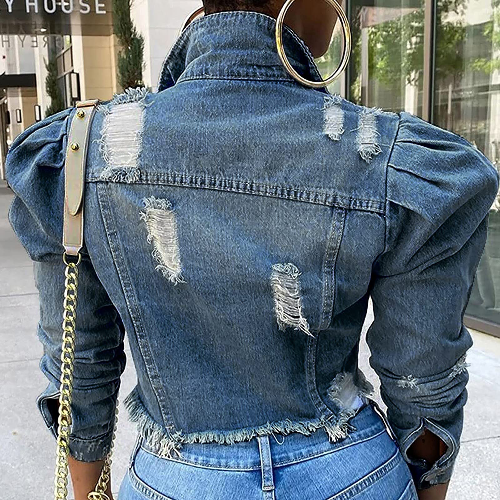 Women's Ripped Denim Jacket with Puff Sleeves & Frayed Hem - Slim Fit Cropped Jean Jacket for Casual Outfits & Streetwear Fashion