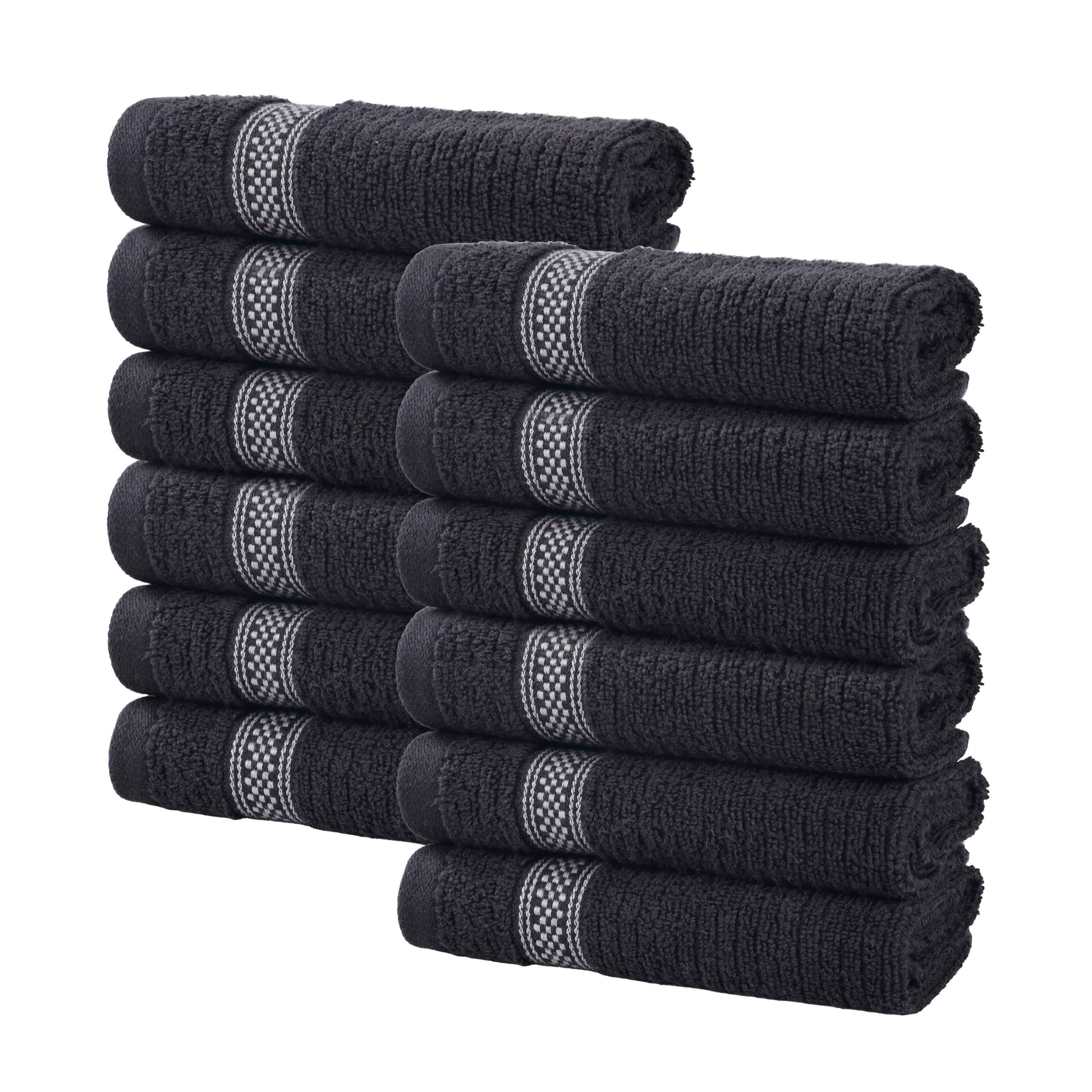 12-Pack Zero Twist Cotton Ribbed Geometric Border Plush Face Towels | Ultra Soft Bath & Hand Towels for Spa, Gym, Travel & Home Use
