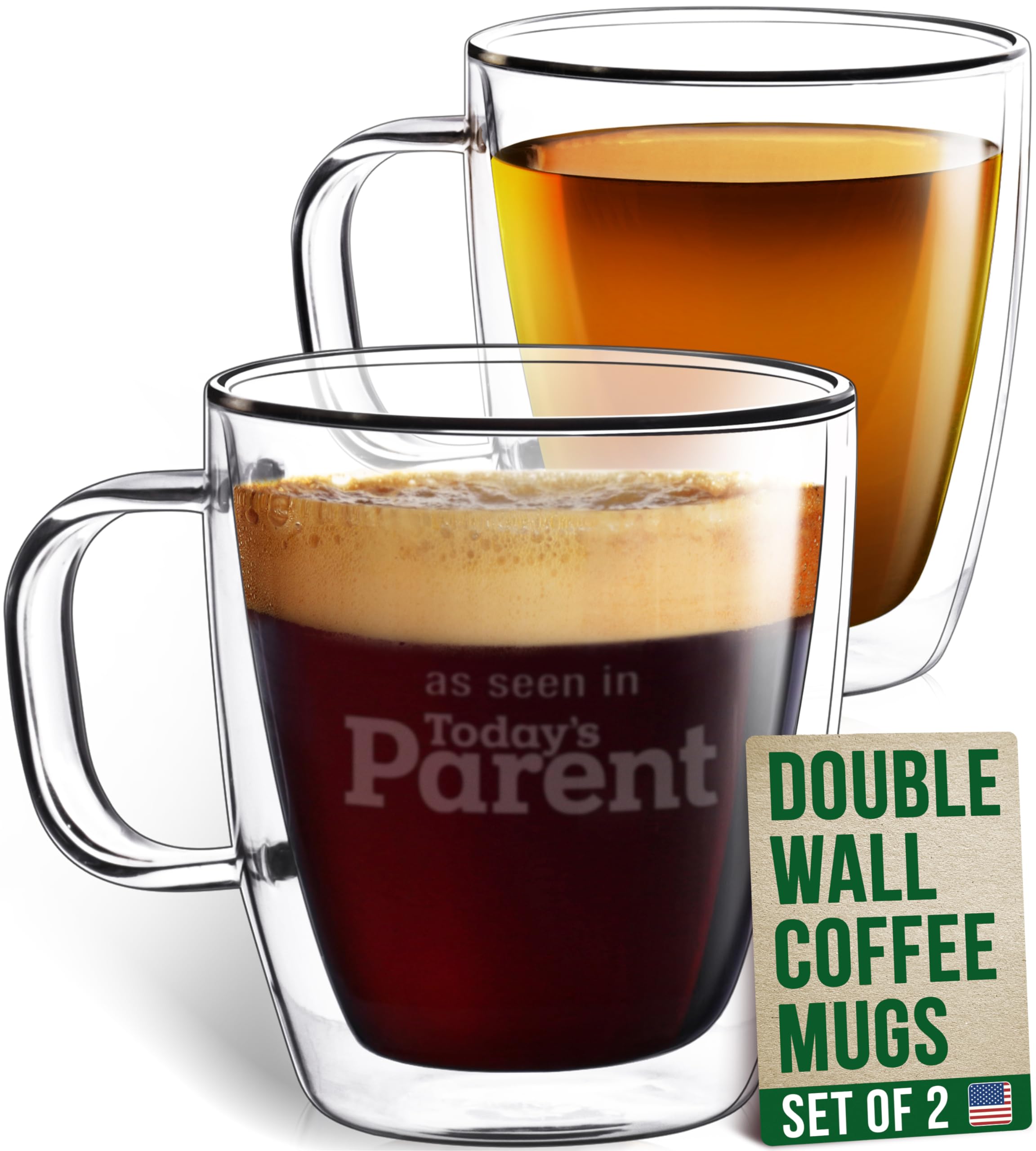Eparé 12 oz Double Wall Coffee Mugs Set of 2 - Large Iced Latte Glass Cups with Handle - Lightweight Insulated Coffee Mug for Cappuccino, Tea & Espresso - Perfect for Home, Office & Gifts