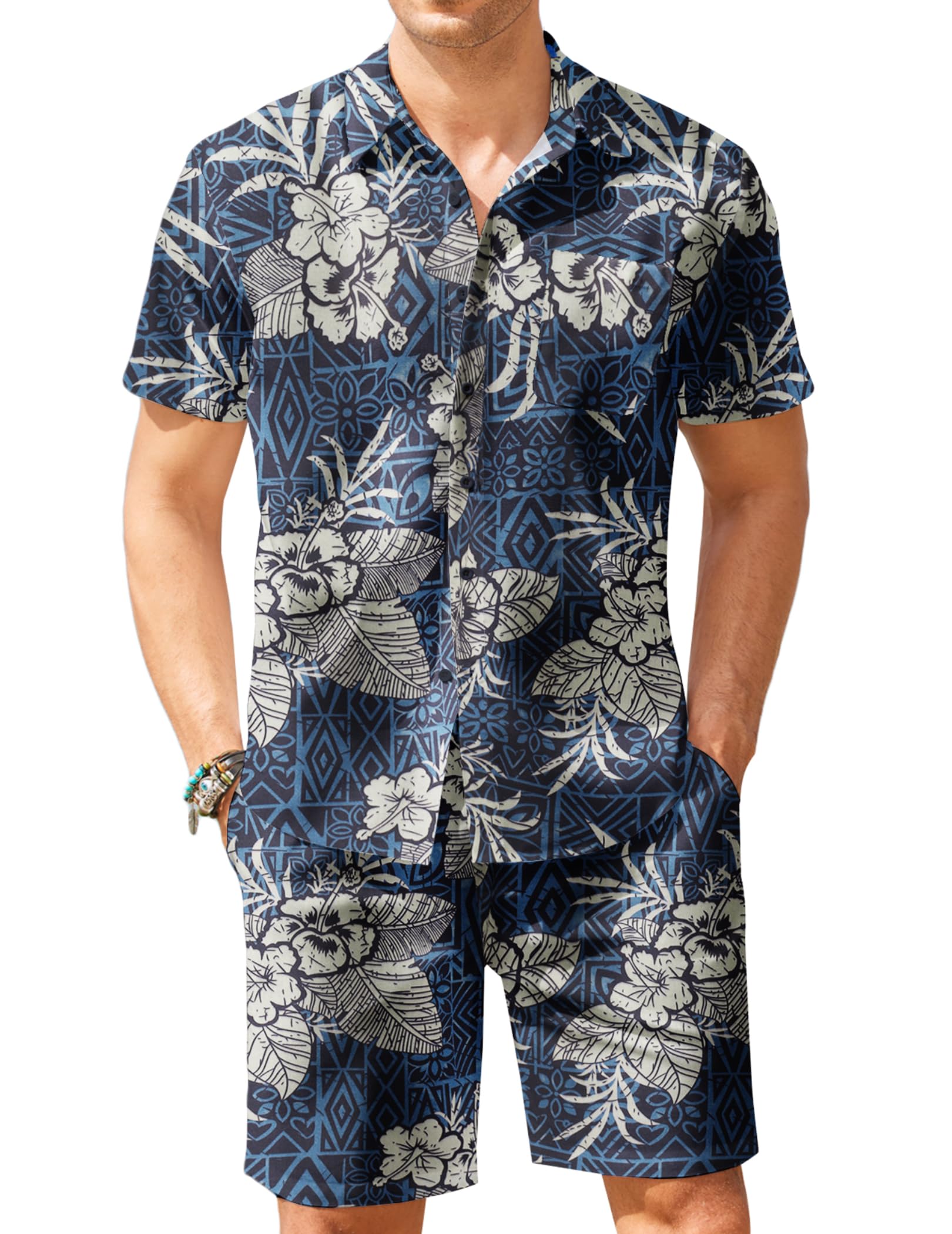 COOFANDY Men's Hawaiian Shirt and Shorts Set - 2 Piece Floral Print Beach Outfit for Summer Vacation, Luau Party & Tropical Getaway