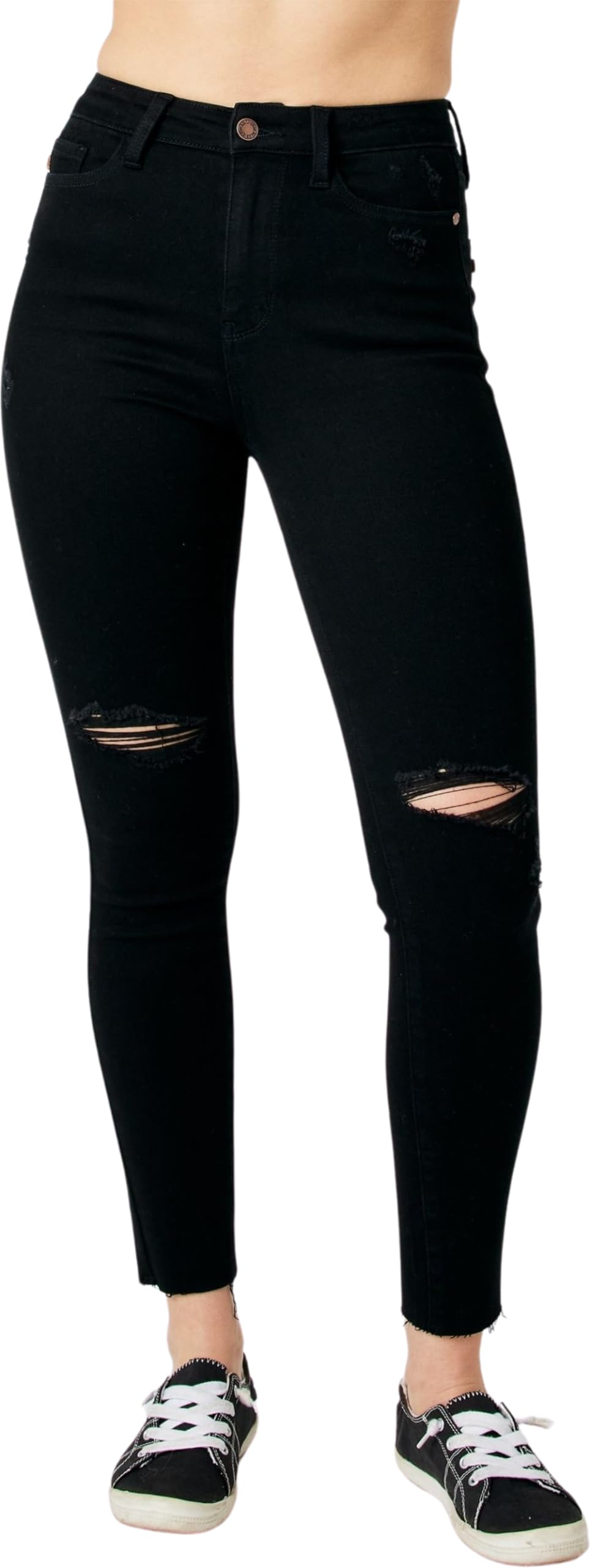 Judy Blue Women's High Rise Heavy Destroy Raw Hem Skinny Jeans - Stretch Denim Pants for Casual Wear, Night Out & Everyday Fashion