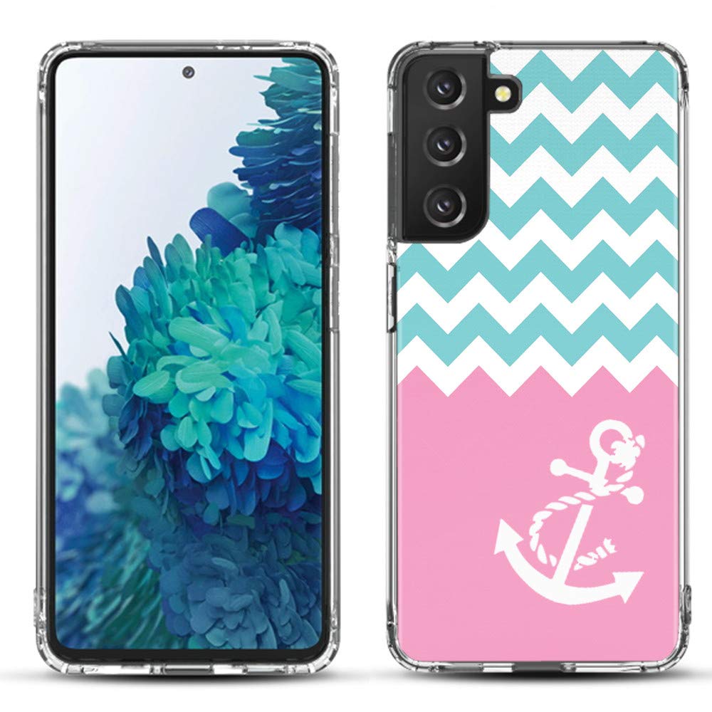 Shockproof Hybrid Phone Case for Samsung Galaxy S21 5G - Durable Bumper Protection, Chevron/Teal/Anchor Design | Perfect for Outdoor Activities, Work & Everyday Use