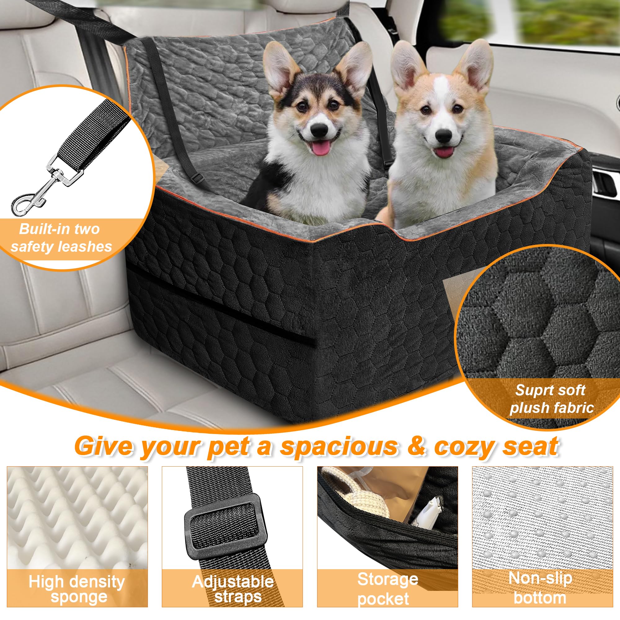 **Premium Washable Dog Car Seat for Medium & Large Dogs up to 60 lbs – Thick Cushion Booster Seat with 2 Safety Leashes (Black/Gray) – Perfect for Road Trips, Vet Visits & Daily Commutes**