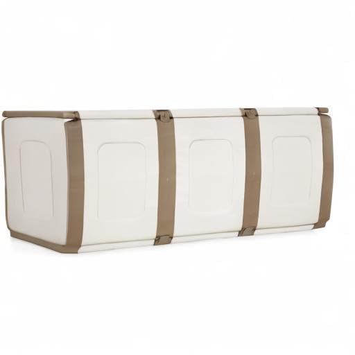 Homeplast 79 Gallon Bold Indoor/Outdoor Plastic Storage Trunk - Waterproof Resin Deck Box for Pillows, Patio Cushions, Firewood - Beige/White - Perfect for Garage, Basement, Backyard & Poolside Storage