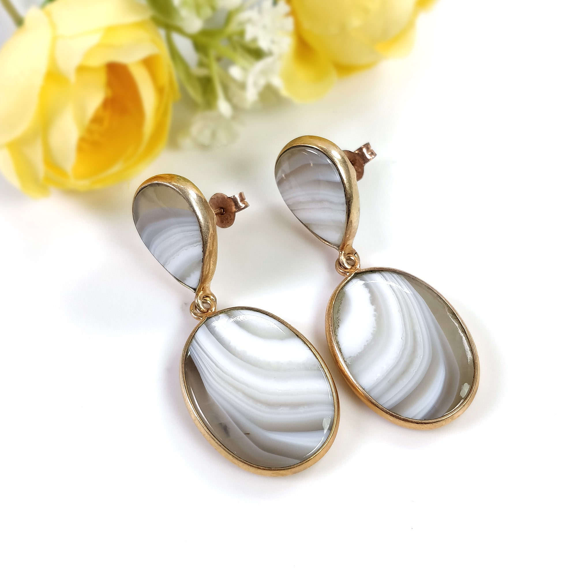 Botswana Agate Gemstone Earrings - 14.32g Natural 925 Sterling Silver Rose Gold Plated Oval Bezel Set Push Back Earrings for Women | Perfect for Weddings, Parties & Everyday Elegance