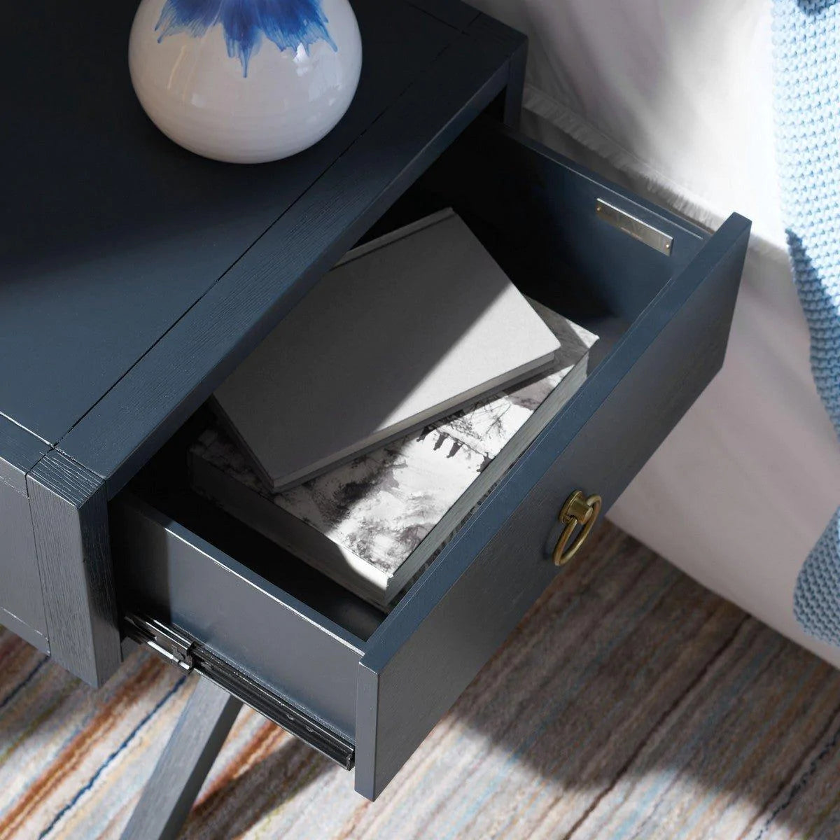 Modern Navy Blue Nightstand with One Drawer - Stylish Cross Base Design for Bedroom, Living Room, or Office