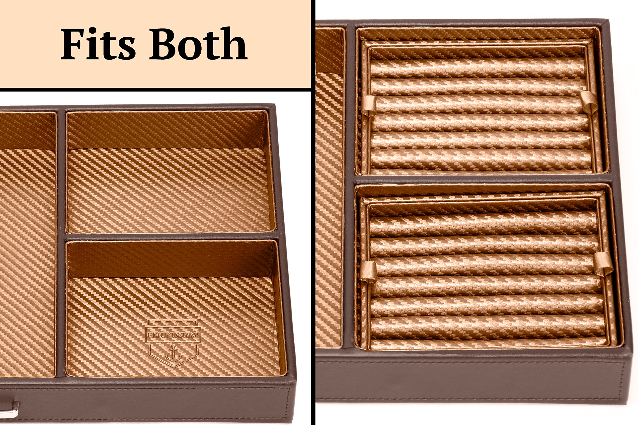 HOUNDSBAY Premium Ring & Cufflink Organizer Box with Padded Jewelry Tray - Luxury Dresser Valet for Men, Yachtsman Watch Box Accessory (Copper Carbon Fiber) | Perfect for Wedding Gifts, Anniversary Presents & Luxury Home Decor