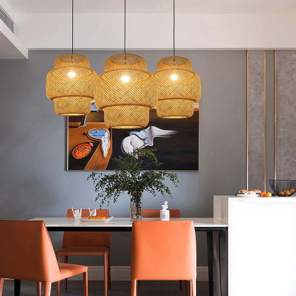 Hand-Woven Bamboo Rattan Chandelier Lamp - Natural Wicker Table Top & Ceiling Light with E27 Socket - Adjustable for Restaurants, Coffee Shops, Hotels & Home Decor