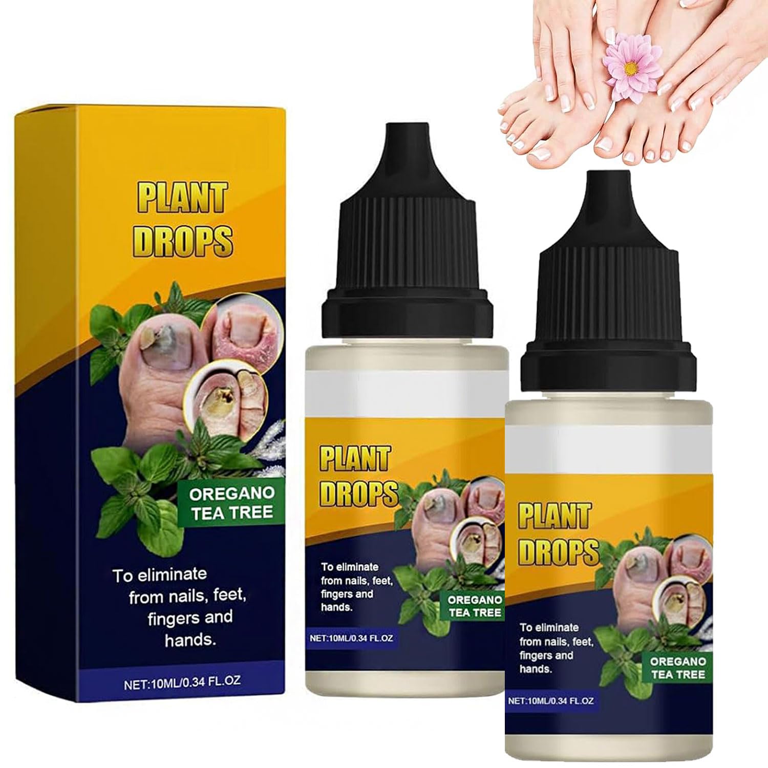**Organic Plant Drops for Nail & Toenail Care - Oregano Tea Tree Oil Blend (10ml/0.34 Fl.oz, 2-Pack) - Natural Fungus Treatment for Stronger, Healthier Nails - Perfect for Pedicures & At-Home Nail Care**