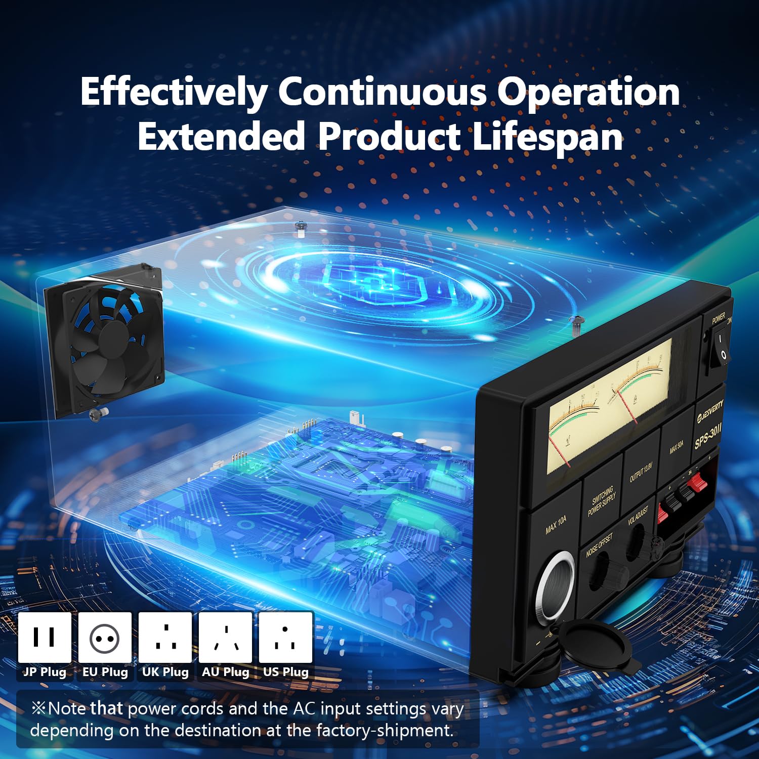Universal Compact Bench Power Supply - 30A Regulated AC-to-DC Converter 13.8V/9-15V with Cooling Fan & Screw Terminals for Home Lab, Electronics Testing, DIY Projects - Jesverty SPS-30II