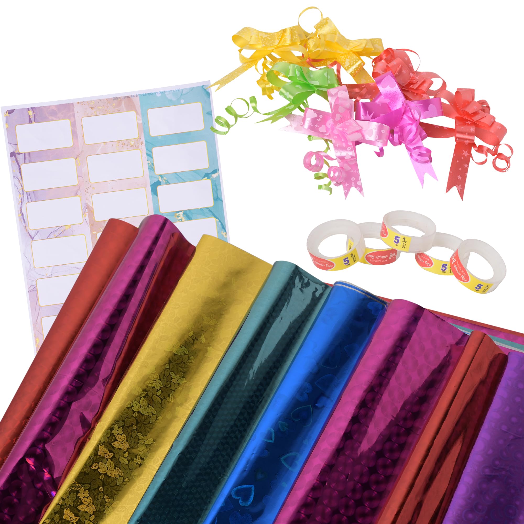 Suffix Retail ® - 25 PCS Holographic Gift Wrapping Sheets (45CM x 65CM) with 40 Name Tags, 30 Ribbons & 2 Clear Tapes - Premium DIY Gift Wrapping Kit for Birthdays, Christmas, Weddings & Party Favors