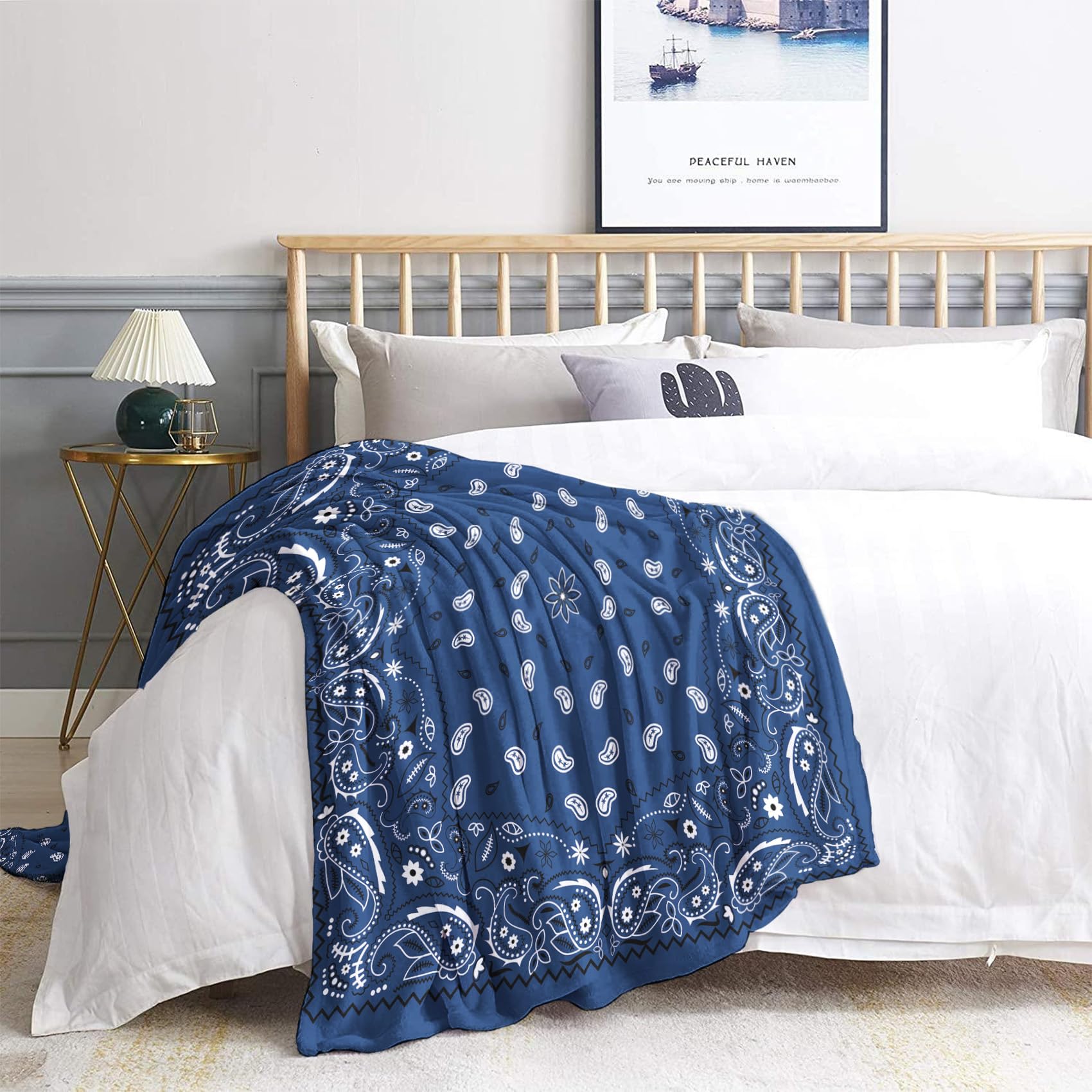 King Size Blue Bandana Fleece Throw Blanket - Ultra Soft Plush Flannel Blanket 108x90 Inches for Bed, Couch & Sofa | Paisley Design Cozy Blanket for Bedroom Decor, Camping, Picnics & Gift Giving