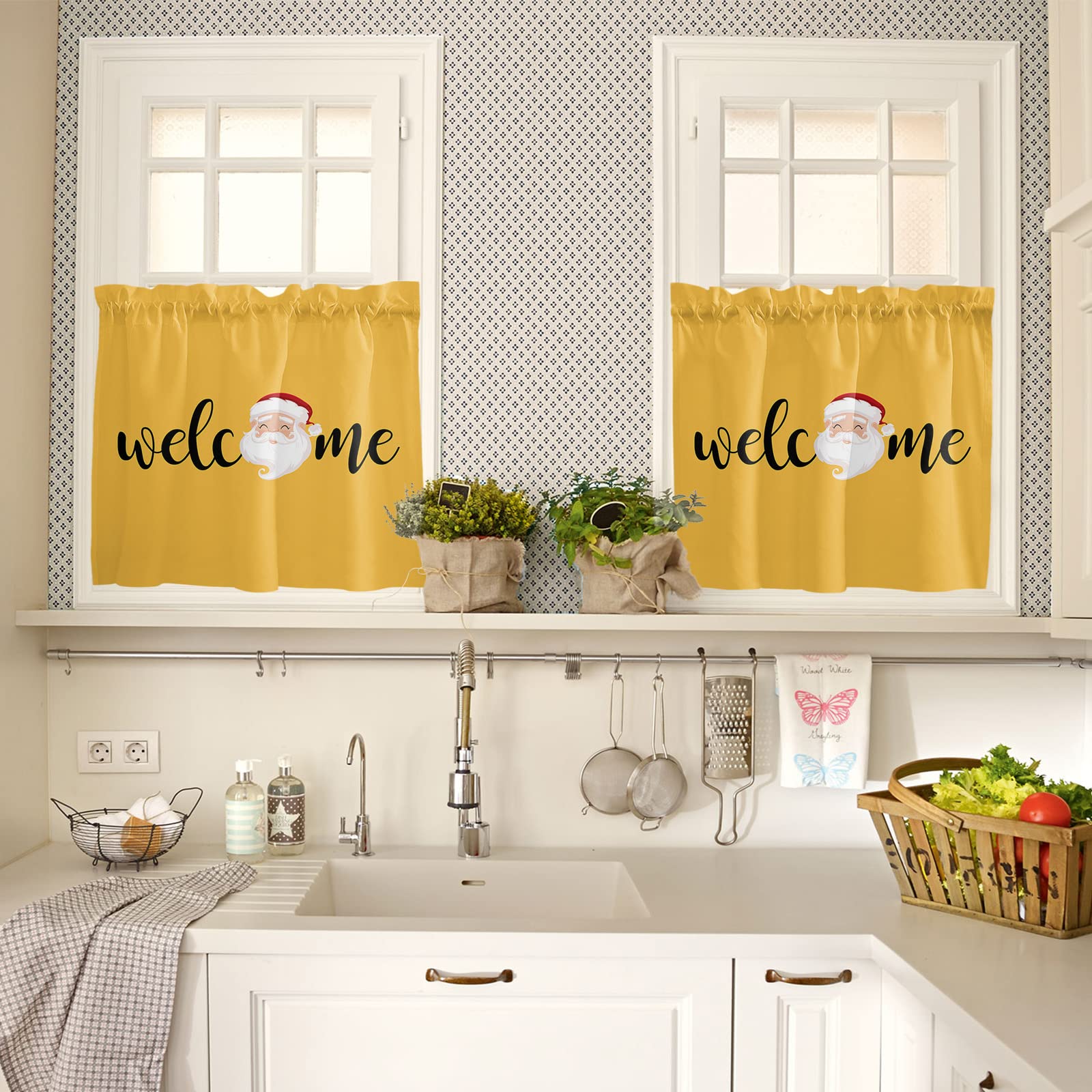 Christmas Santa Kitchen Curtains Set - 24 Inch Half Window Curtains with Rod Pocket, Yellow Merry Christmas Decor for Bedroom, Cafe & Bathroom - Perfect for Holiday Home Decor & Seasonal Window Treatments