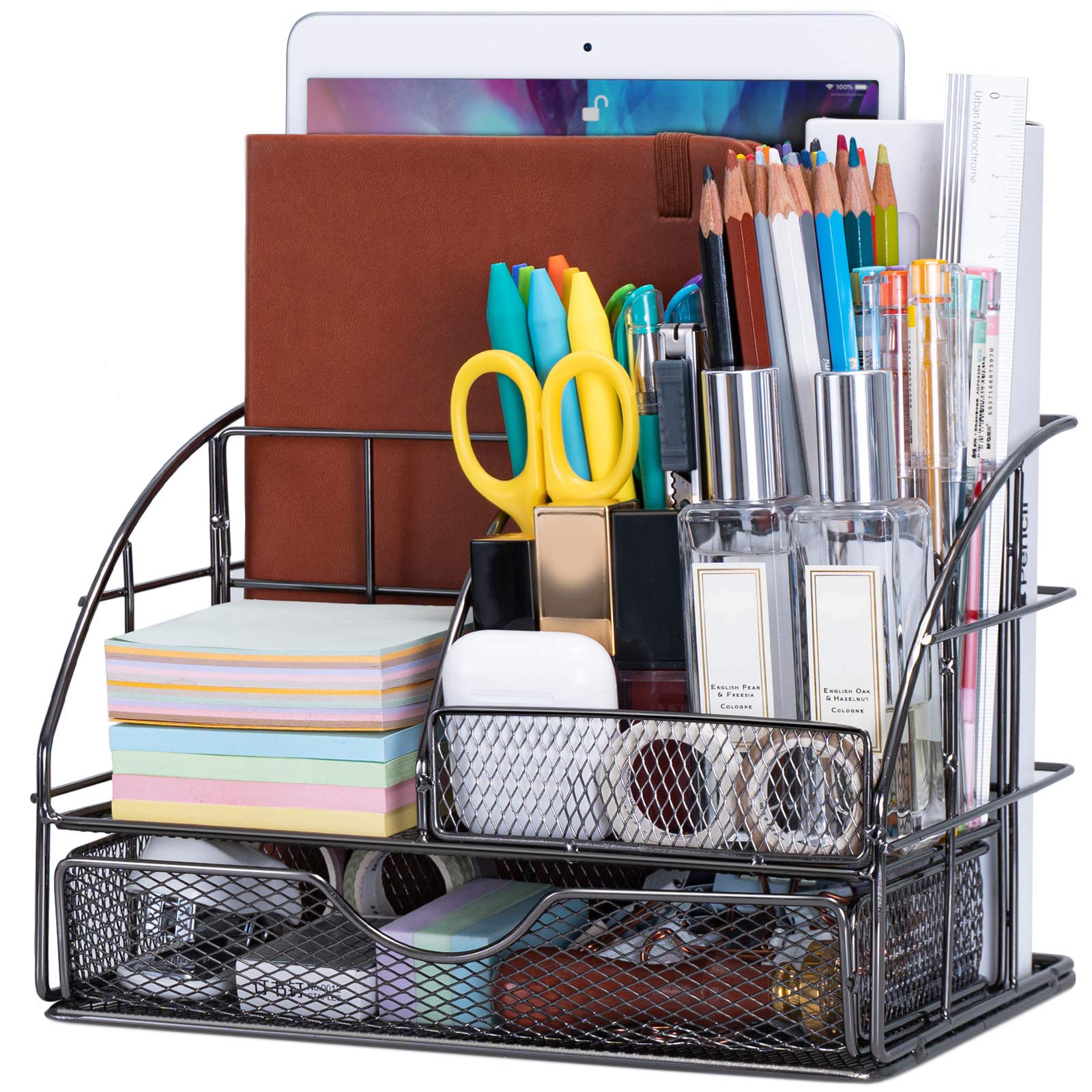 ARCOBIS Black Metal Desk Organizer with 5 Compartments & Large Drawer - Mesh Collection | Premium Office Supplies for Pens, Pencils & Stationery | Perfect for Home Office, Workstation & Study Desk Organization