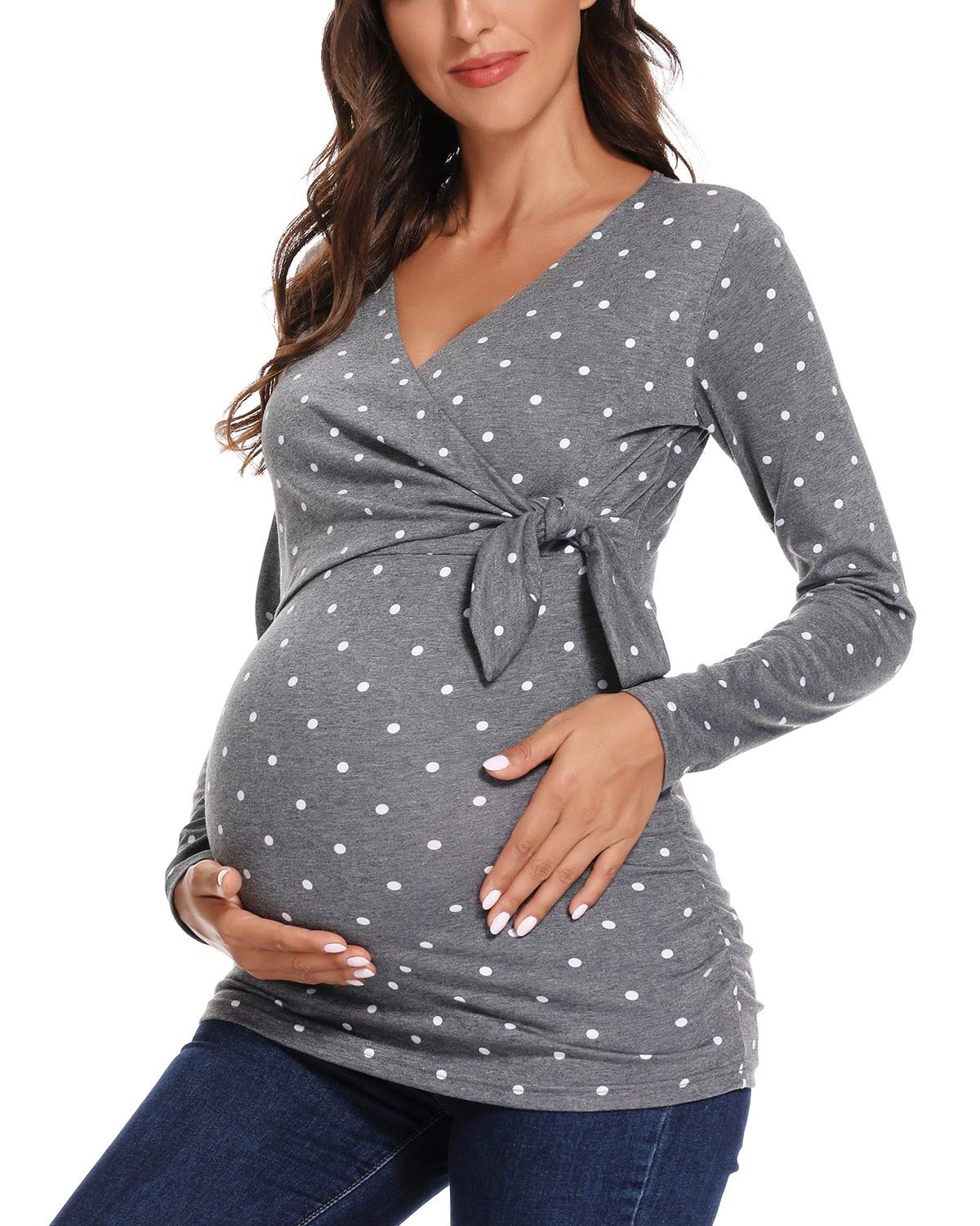 Glampunch Women's Maternity Shirts - Soft & Stretchy Short & Long Sleeve Tie Front Wrap Tops for Pregnancy | Perfect for Work, Casual Wear & Maternity Photos