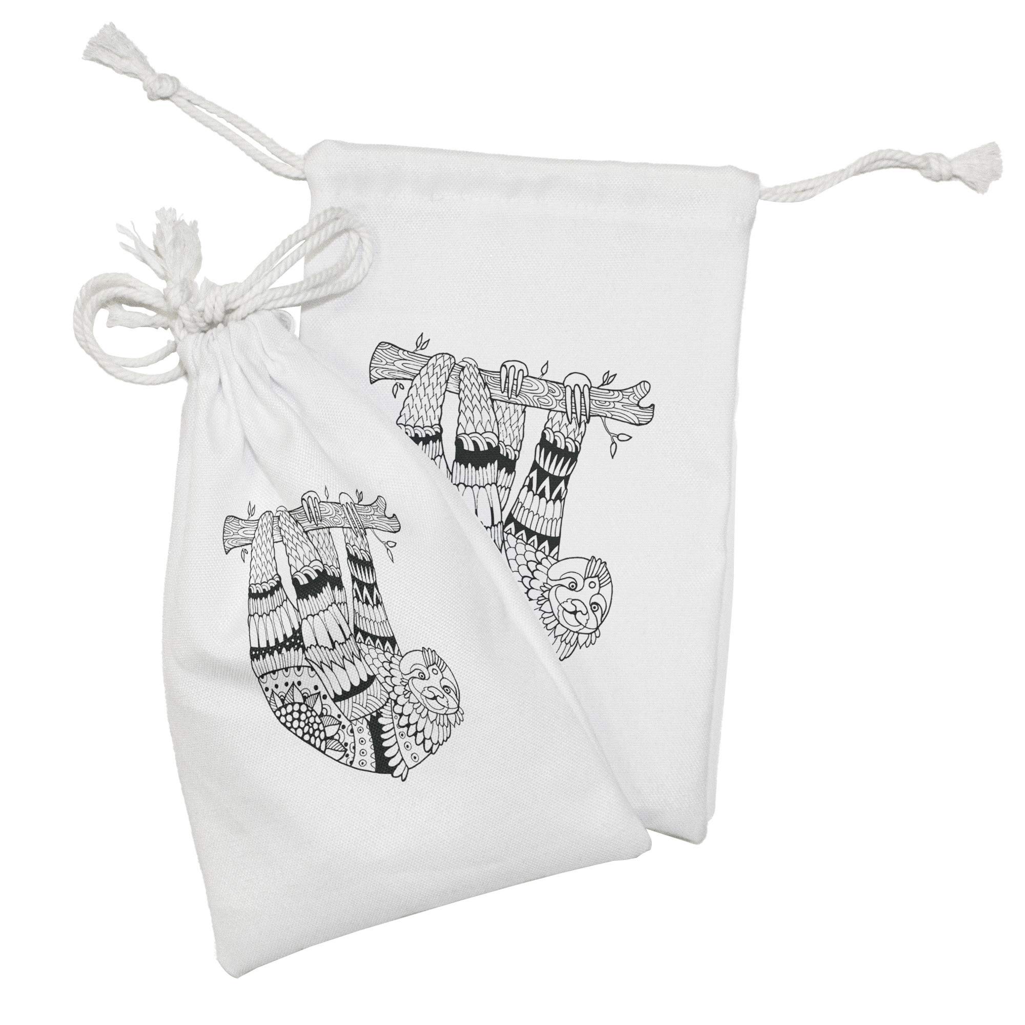 Ambesonne Sloth Fabric Pouch Set of 2 - Tropical Animal Drawstring Bags with Ornamental Details (9