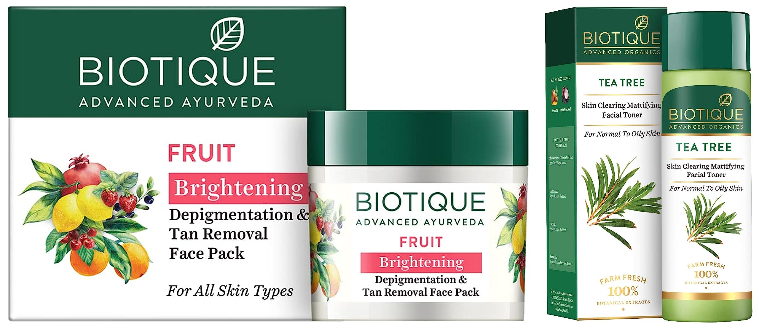 Biotique Tea Tree Skin Clearing Mattifying Facial Toner 120ml - Acne Treatment, Pore Minimizer & Oil Control | Biotique Fruit Brightening Face Pack 75g - Depigmentation, Tan Removal & Glow Booster | Perfect for Oily & Acne-Prone Skin, Daily Skincare Routine