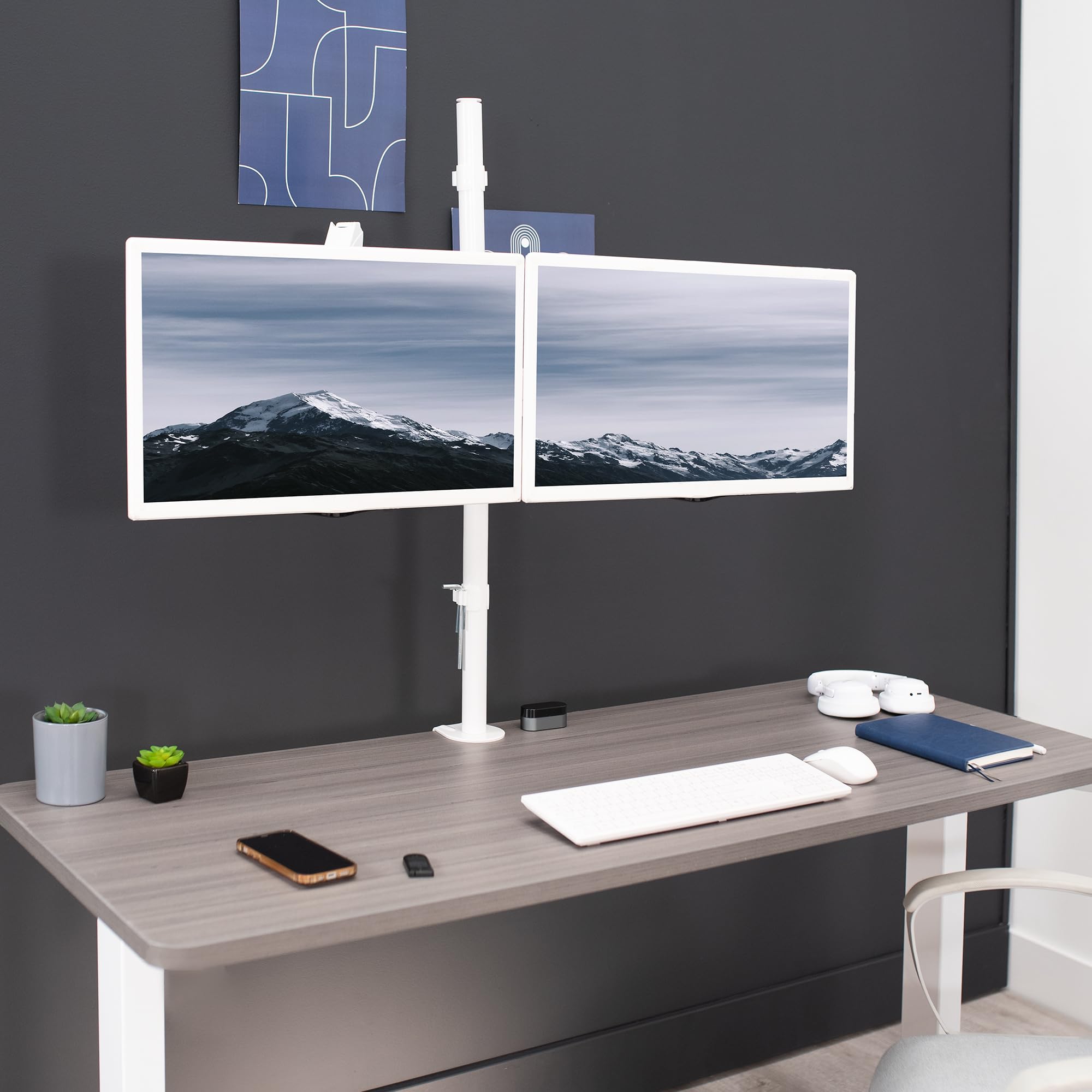 VIVO Dual Monitor Arm Stand for 32 inch Screens - Extra Tall Pneumatic Height Adjustable Heavy Duty VESA Mount with Full Motion Articulation, C-Clamp & Grommet Base (White, STAND-V012KW) - Perfect for Home Office, Gaming Setup & Workspace Ergonomics