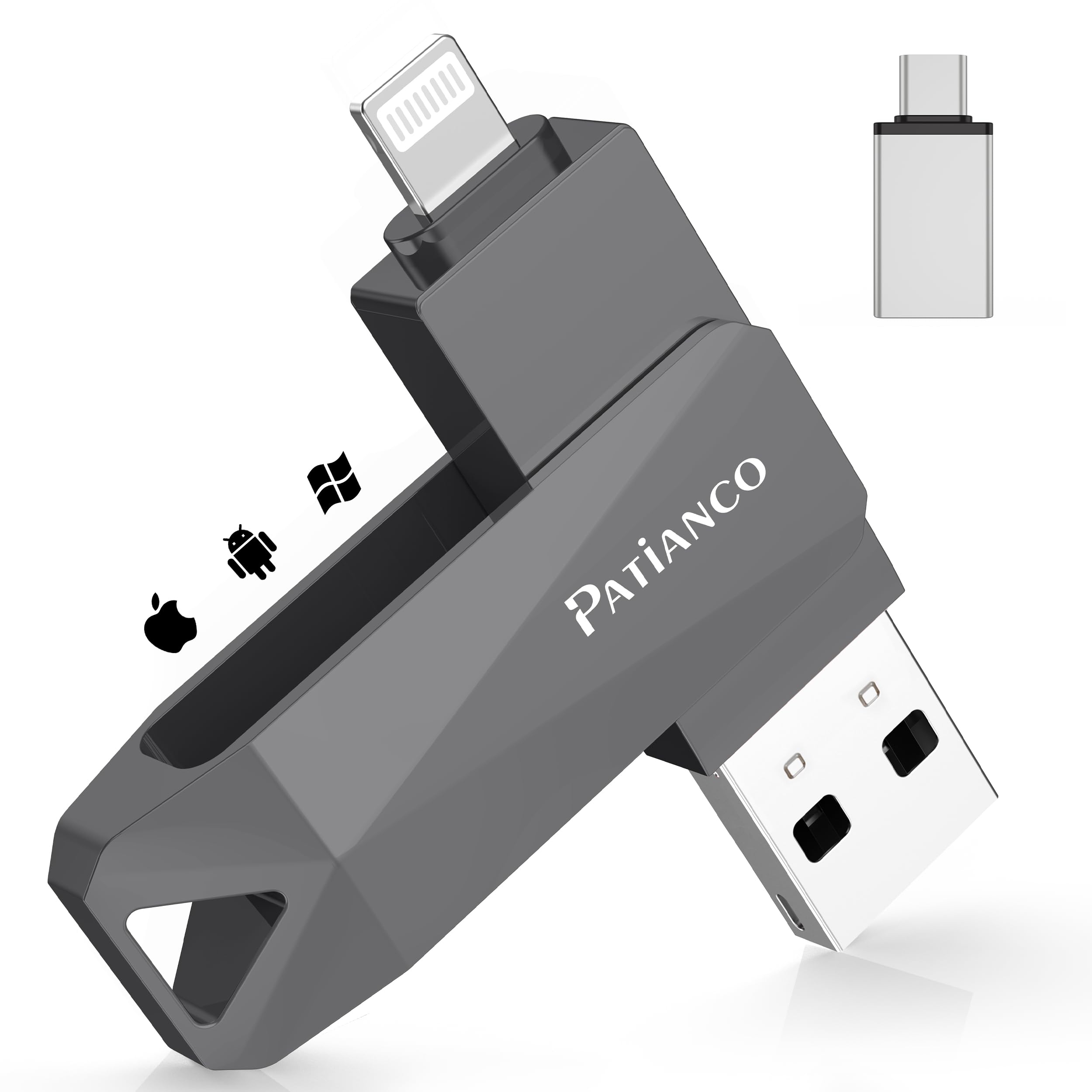 256GB MFi Certified USB 3.0 Flash Drive for iPhone - 3-in-1 Lightning/USB-C/OTG Memory Stick with One-Click Backup - Compatible with iPhone/iPad/Android/Mac/PC (Black) - Perfect for Data Transfer, File Storage & Mobile Office Use
