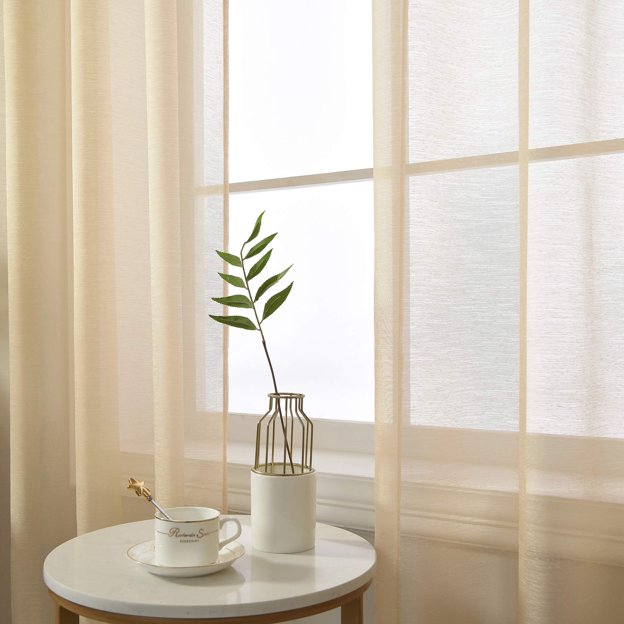 RAIN CITY Beige Sheer Curtains 95 Inch Length - Set of 2 Panels, Translucent Voile Drapes with Elegant Grommet Top for Living Room & Dining Room Windows (52x95 Inches) - Light Filtering, Textured Sheer Curtains for Privacy & Soft Natural Light
