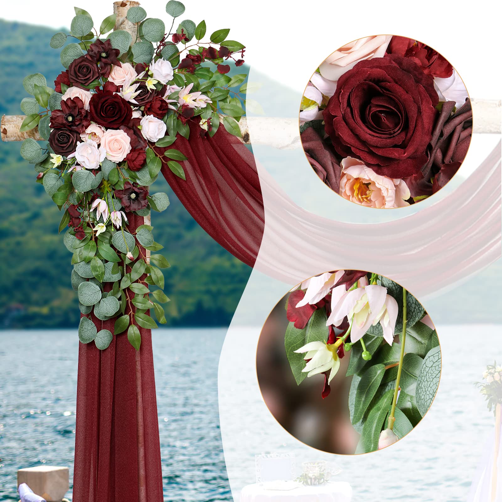 Ponatia Burgundy Wedding Arch Flowers Kit - 3 Pack with 26Ft Shiny Fabric for Ceremony & Reception Backdrop (Burgundy & Blush) | Artificial Floral Arrangement for Wedding Decor, Party Decoration, and Photo Booth Background