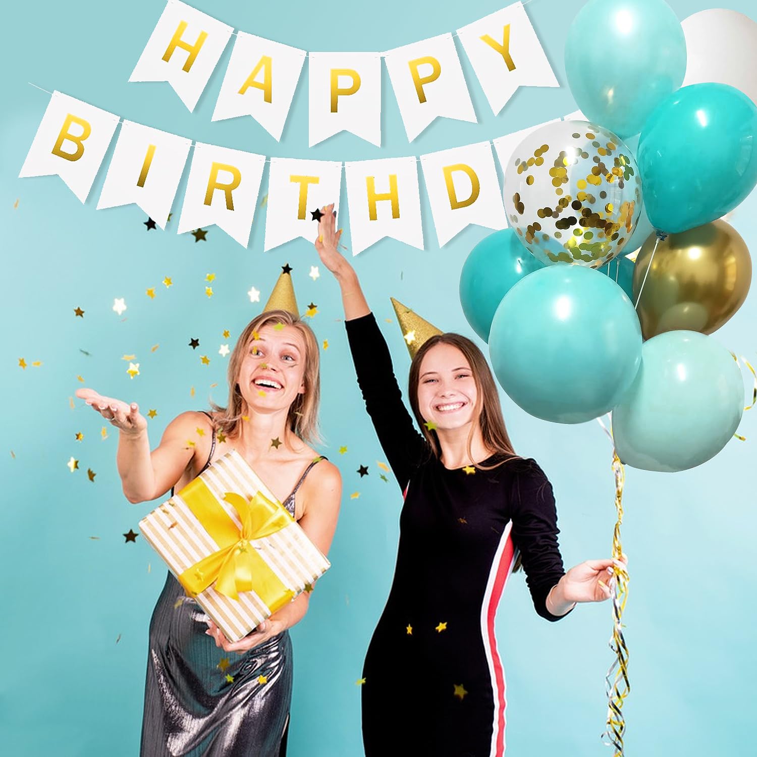 Teal Blue & Gold Birthday Party Decorations Set - Happy Birthday Banner, Foil Fringe Curtain, Tissue Pom Poms, Star Garland for Women & Girls - Perfect for Birthday Parties, Baby Showers & Special Celebrations