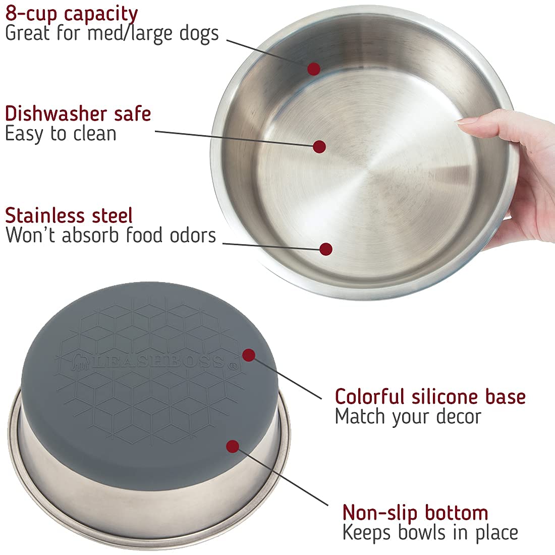 Stainless Steel Dog Bowl with Non-Slip Silicone Base - 8 Cup Heavy Duty Pet Food & Water Dish for Medium & Large Dogs - Rust Resistant, Dishwasher Safe & BPA Free - Perfect for Home, Travel & Outdoor Use (Gray, Single Bowl)