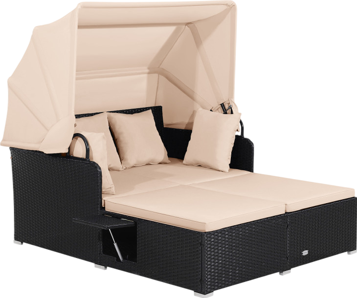 Costway Outdoor Patio Rattan Daybed with Retractable Canopy & Side Tables - Black - Perfect for Poolside Lounging, Garden Relaxation & Backyard Sunbathing