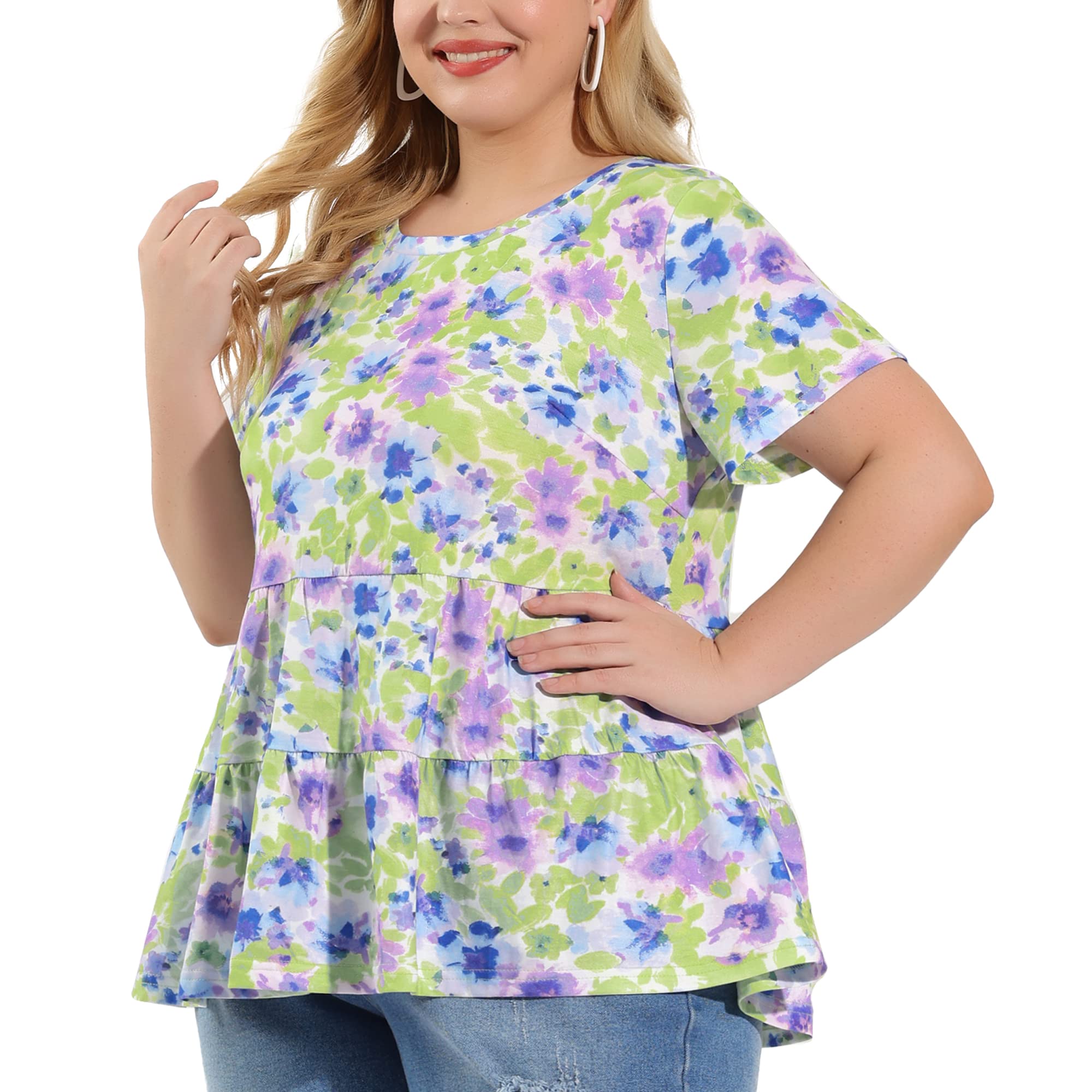 Agnes Orinda Plus Size Women's Short Sleeve Floral Peplum Top - Round Neck Tiered Babydoll Blouse for Casual Wear, Summer Outfits & Date Nights
