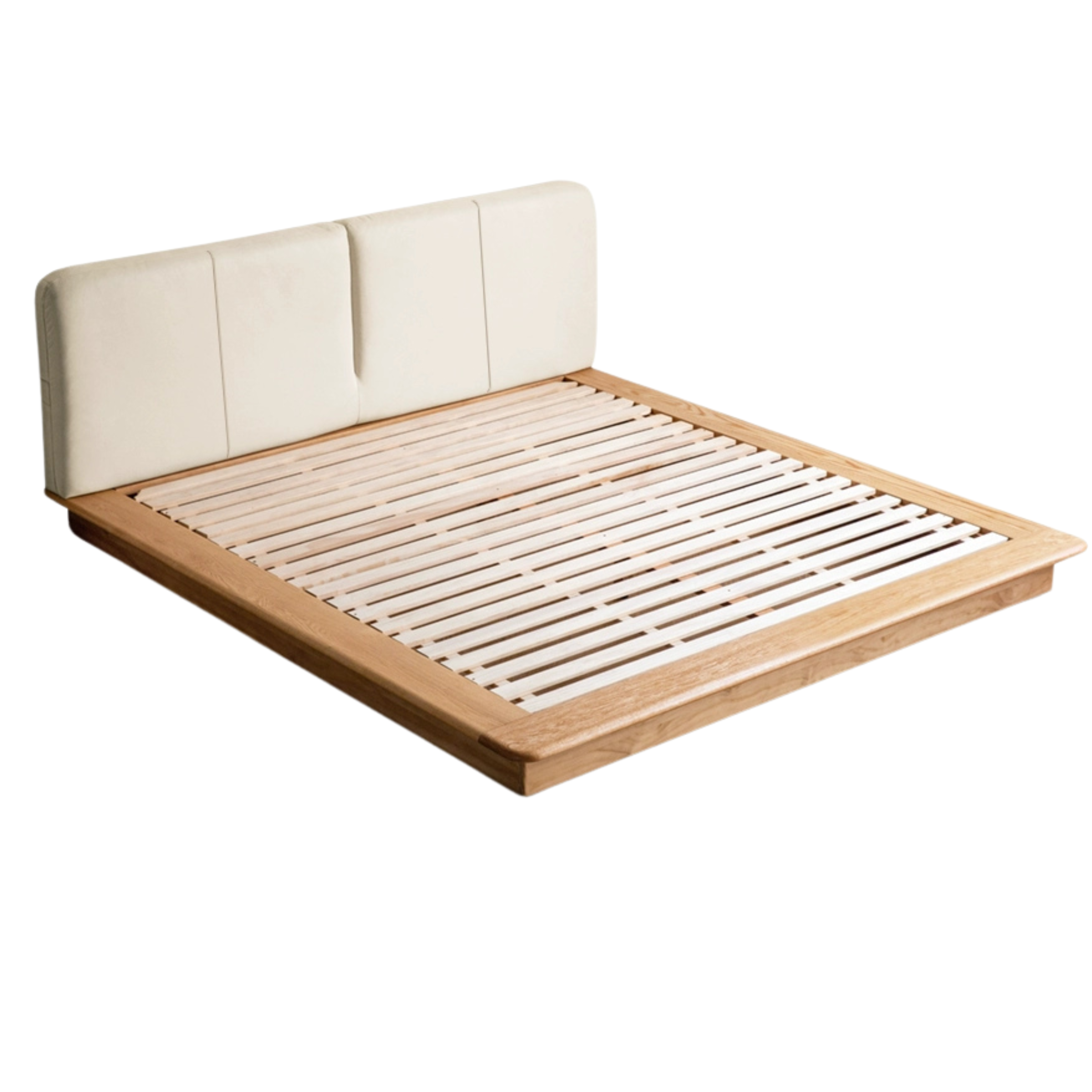 Solid Oak Wood Floating Platform Bed with Soft Fabric Headboard - Modern Technology Bed Frame for Bedroom, Living Room, or Guest Room
