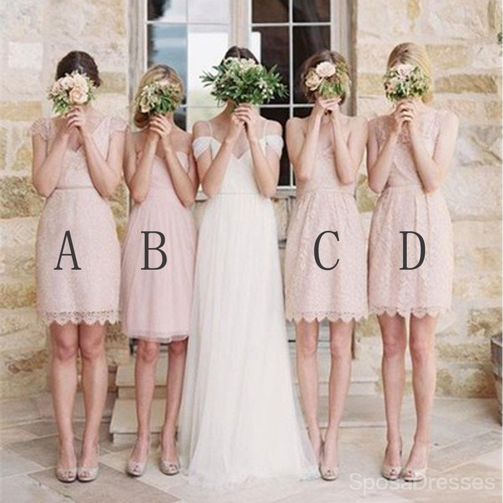 Elegant Blush Pink Lace Bridesmaid Dress - Knee Length Mismatched Junior Style WG115 | Perfect for Weddings, Prom & Formal Events