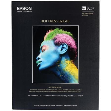Epson Hot Press Bright Paper - 17 x 22 Inches, 25 Sheets - Premium Watercolor Paper for Artists, Printmaking & Calligraphy - Ideal for Professional Artwork, Scrapbooking & Fine Art Prints