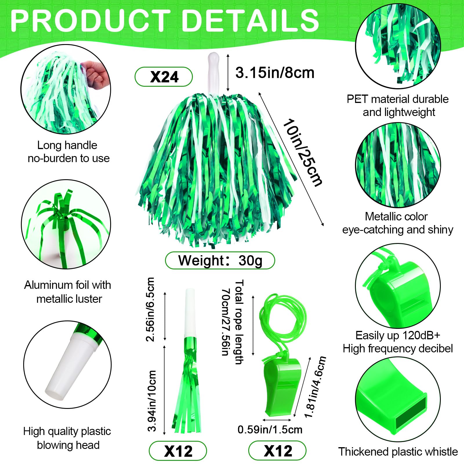 96 Pcs Noisemakers for Sports Events - Hand Clappers, Pom Poms, Thunder Sticks & Whistles