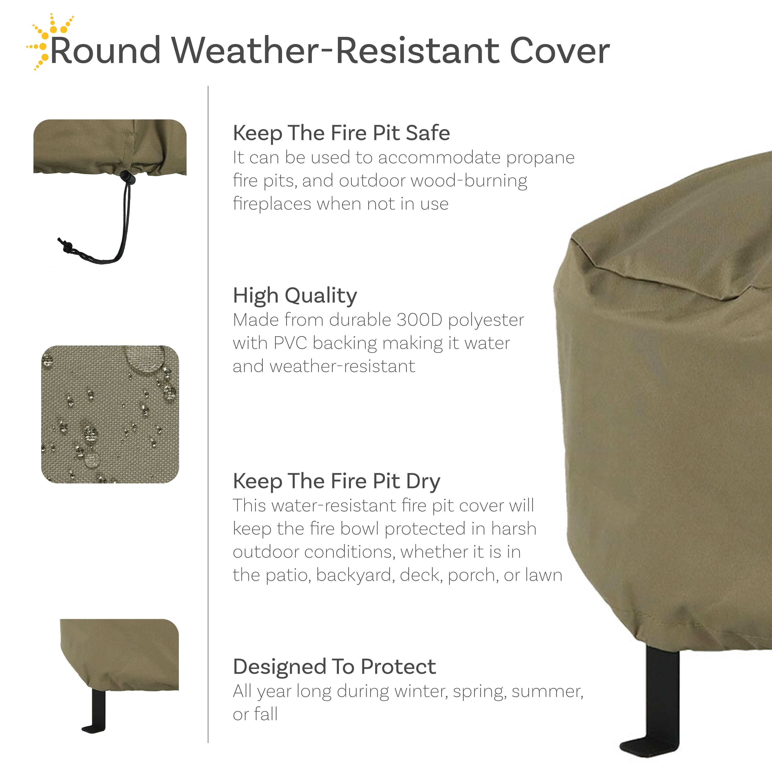 Heavy Duty Round Fire Pit Cover with Drawstring Closure - Weatherproof Outdoor Fire Pit Protection for Patio, Backyard & Camping