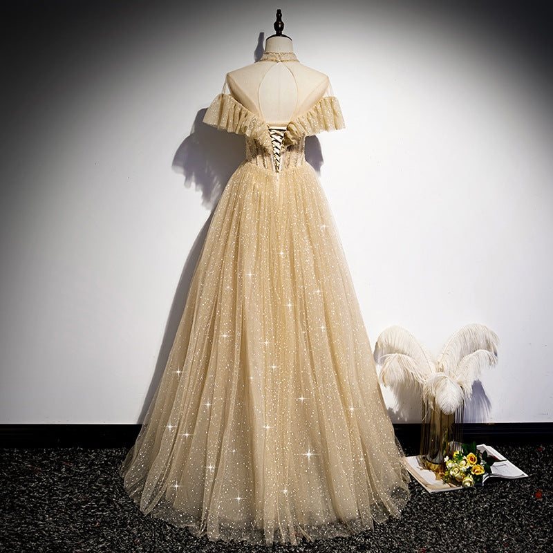 Elegant Champagne Gold Off Shoulder Sparkly Long Prom Dress for Evening Ball Gown - Perfect for Formal Dances, Weddings & Special Occasions