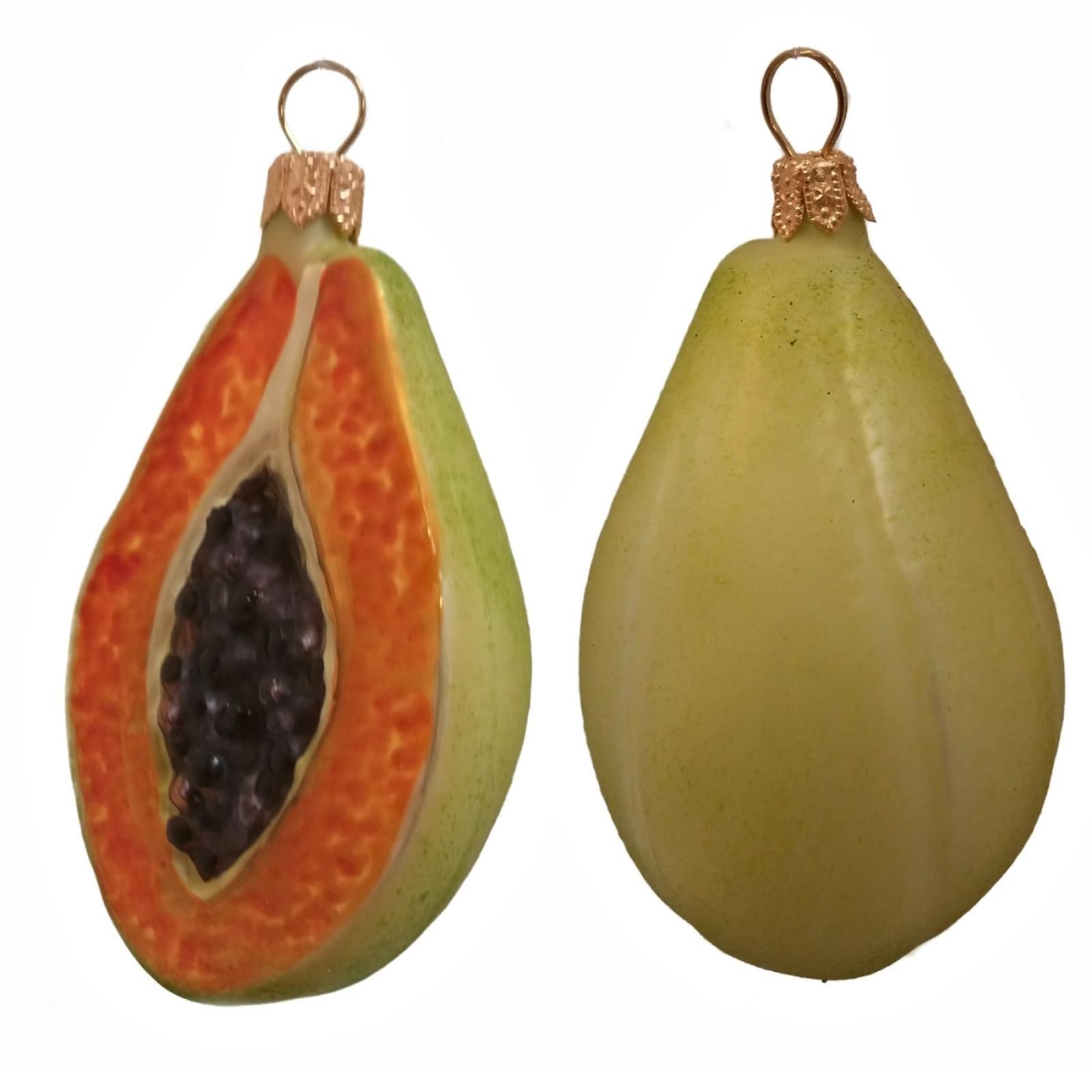 Handmade Papaya Fruit Blown Glass Christmas Ornaments - Set of 2 Holiday Tree Decorations for Xmas, Winter, and Festive Home Decor